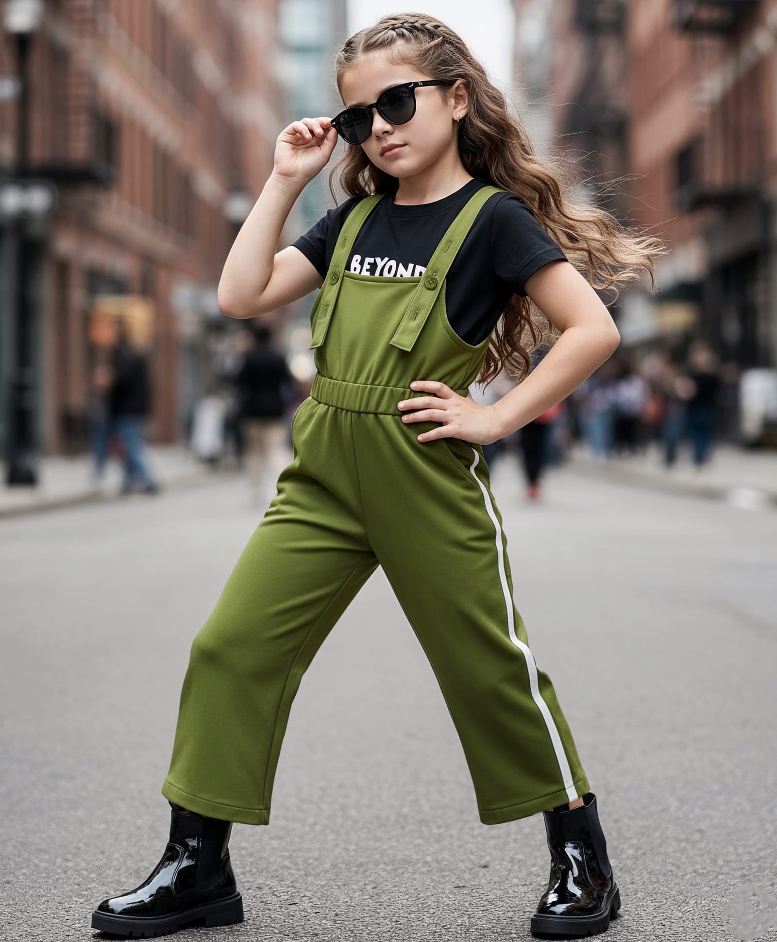OLLINGTON ST. Cotton Sinker Knit Dungaree & Half Sleeves Inner Top with Text Print - Black & Olive Green-image-12