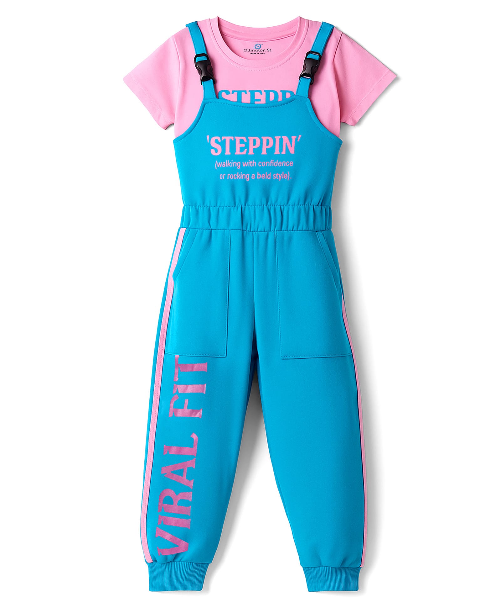 OLLINGTON ST. Cotton Knit Dungaree & Half Sleeves Inner Top With Print - Pink & Blue-picture-18