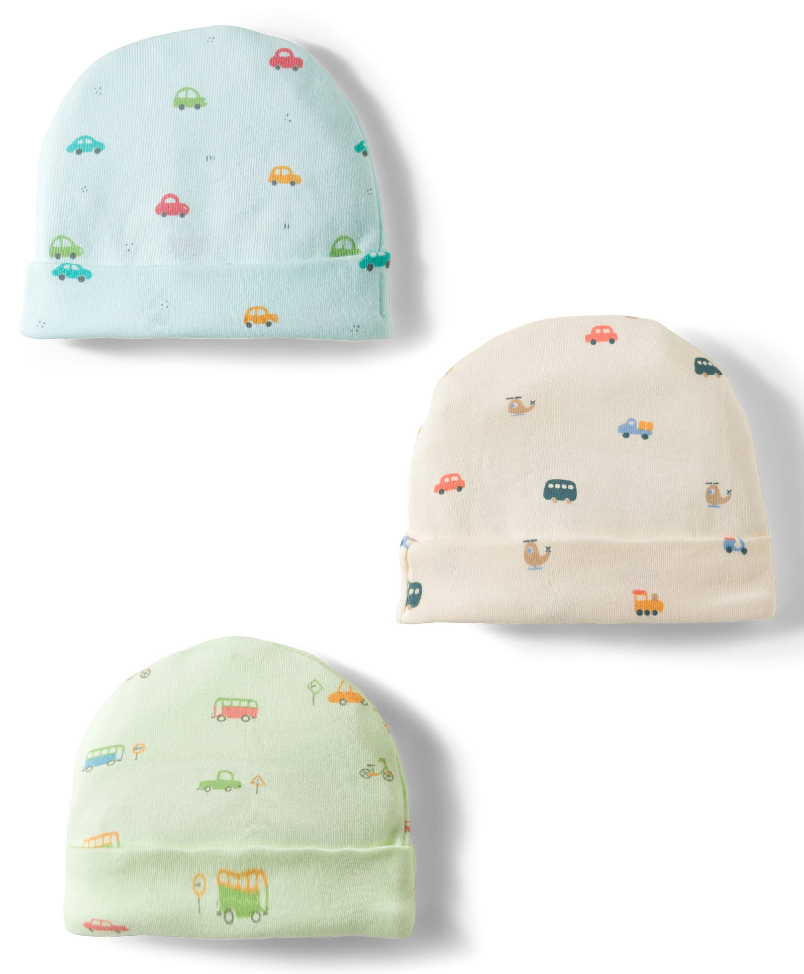 Simply Interlock Knit Baby Caps With Car Print Pack of 3 Aqua Blue Beige & Lime Green - Diameter 9.5 cm-image-5