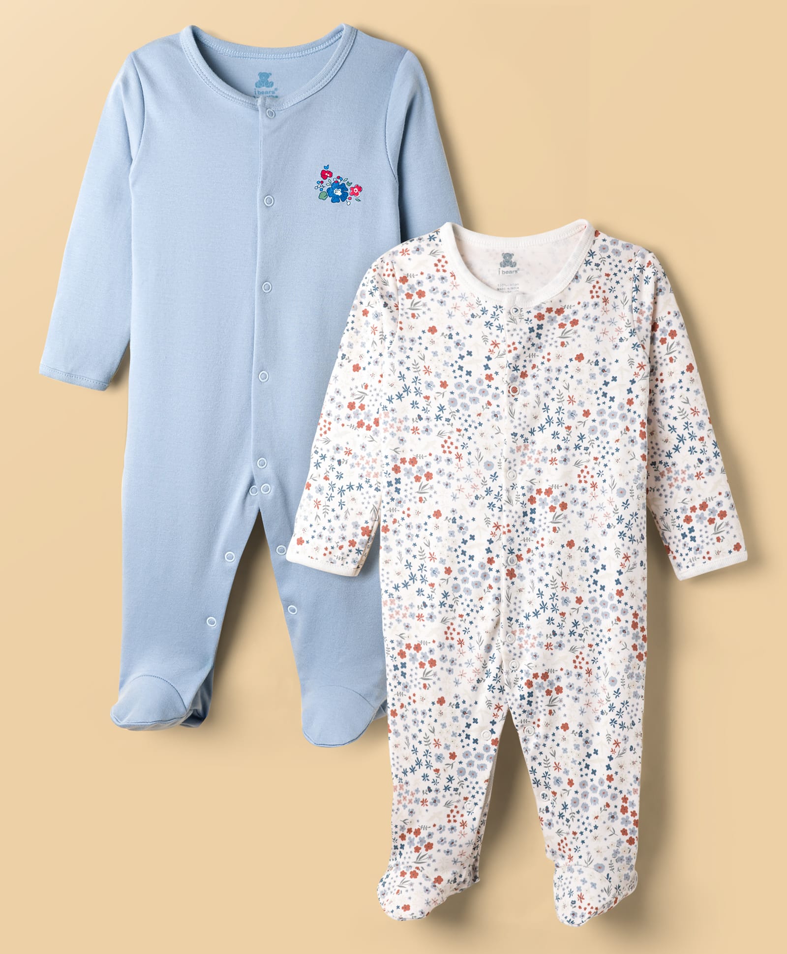 I Bears Interlock Knit Full Sleeves Front Open Sleep Suits with Floral Print Pack of 2 - Light Blue & White-image-7