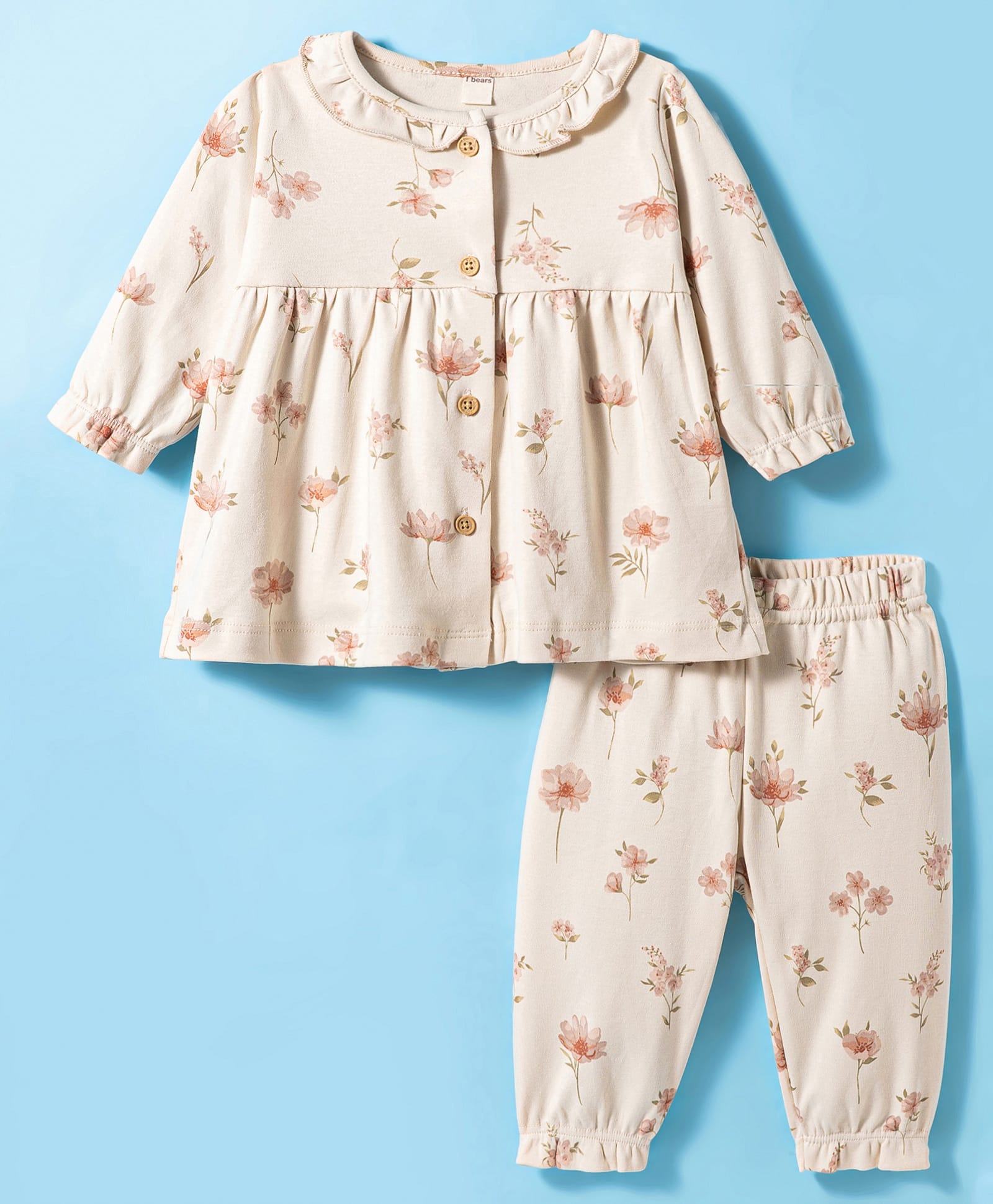 I Bears Interlock Knit Full Sleeves Front Open Co-Ord Night Suit with Floral Print - Ivory-image-42