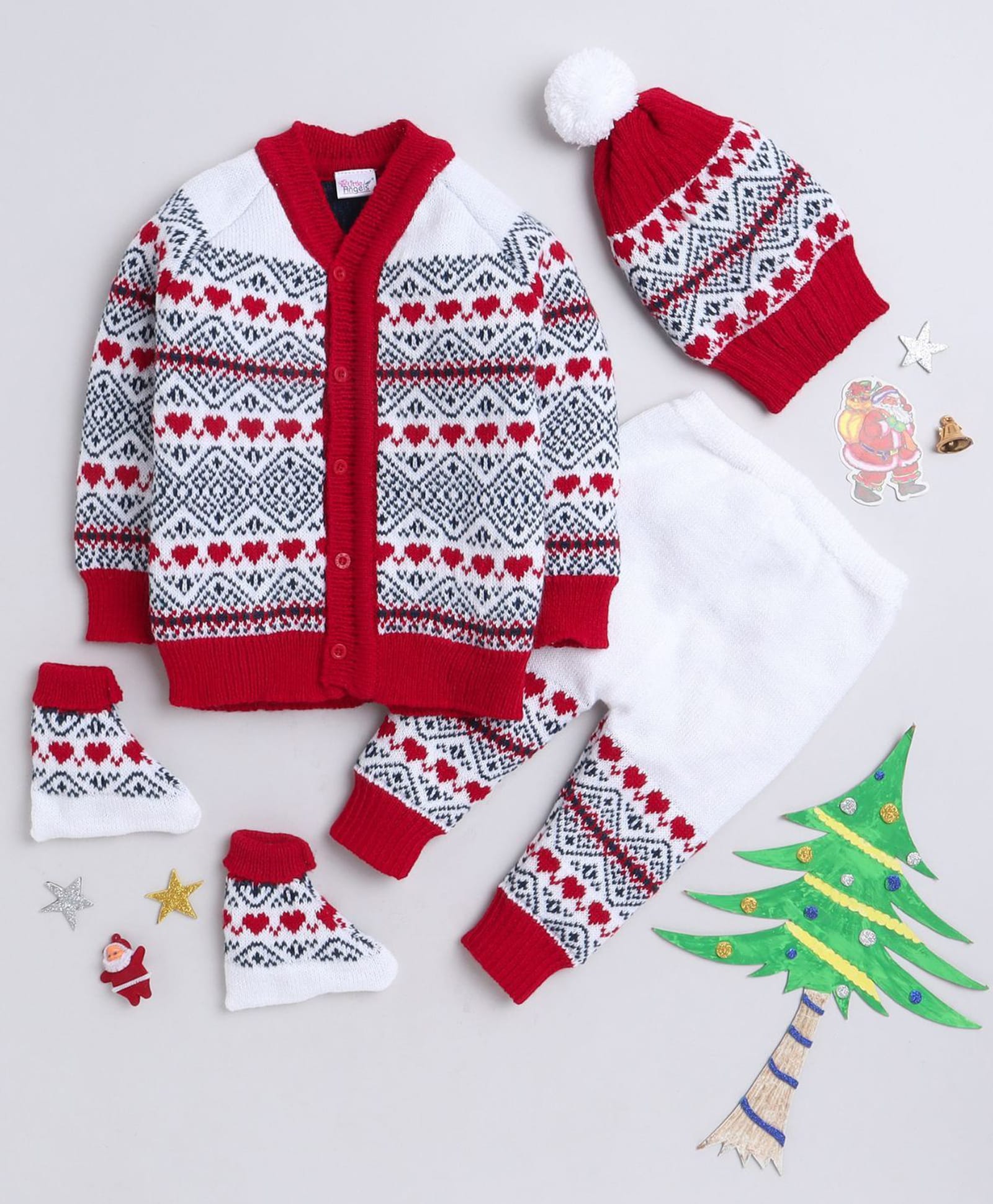 Little Angels Wool Knit Full Sleeves Heart & Abstract Designed Cardigan Pant Cap & Socks Set - White & Red-image-23