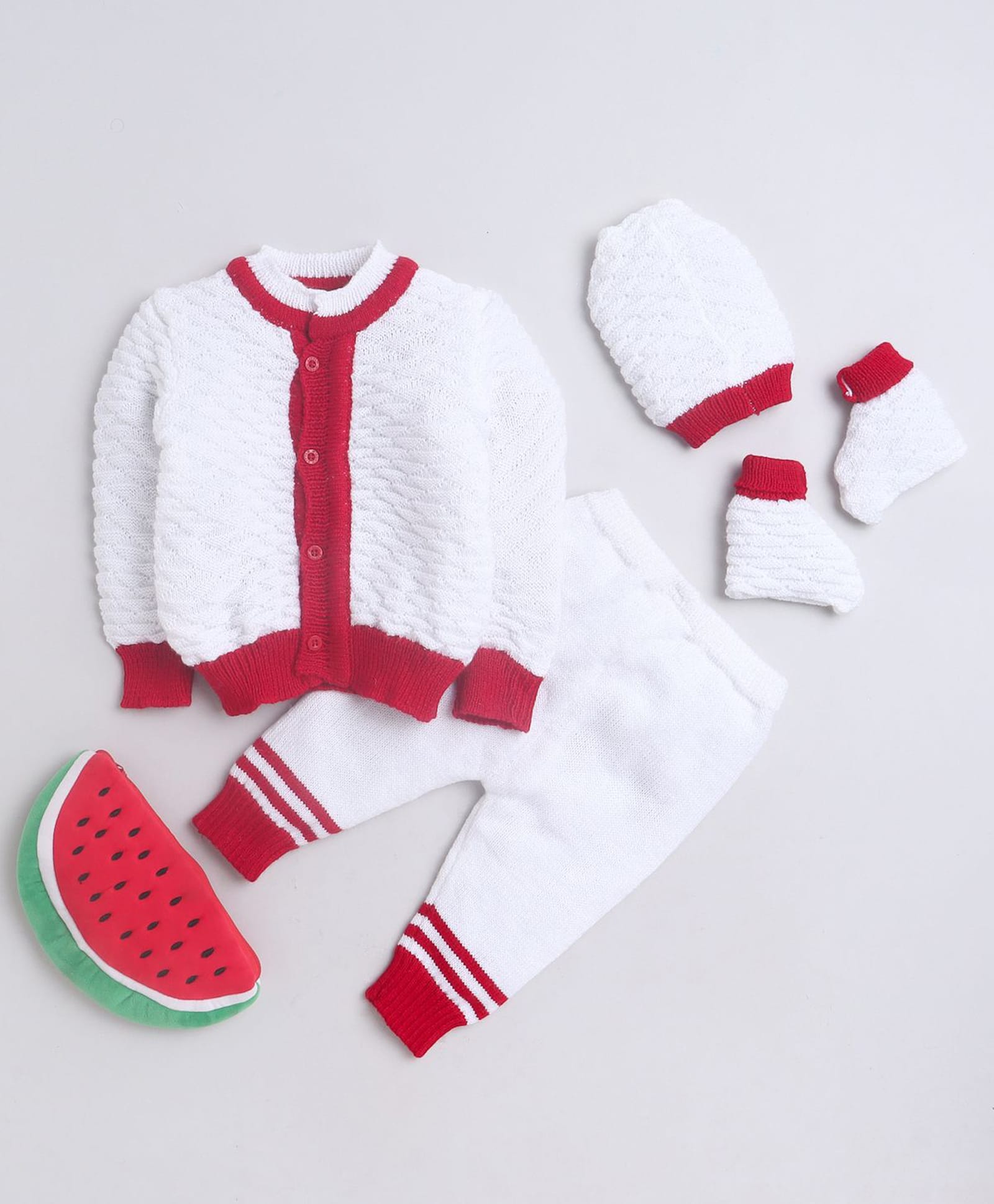 Little Angels Wool Knit Full Sleeves Textured Cardigan Pant Cap & Socks Set - White & Red-picture-11