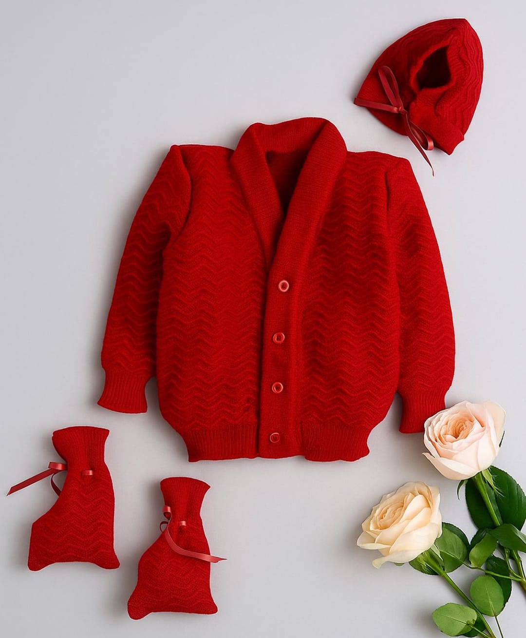 Little Angels Wool Knit Full Sleeves Textured Cardigan Cap & Socks Set - Red-image-40