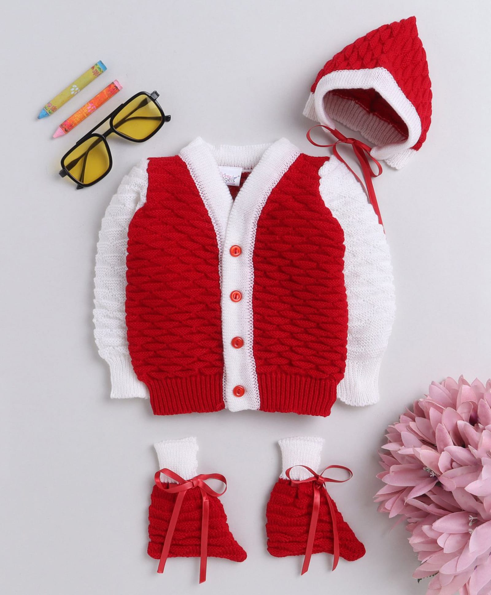 Little Angels Wool Knit Full Sleeves Textured Cardigan Cap & Socks Set - Red-image-41