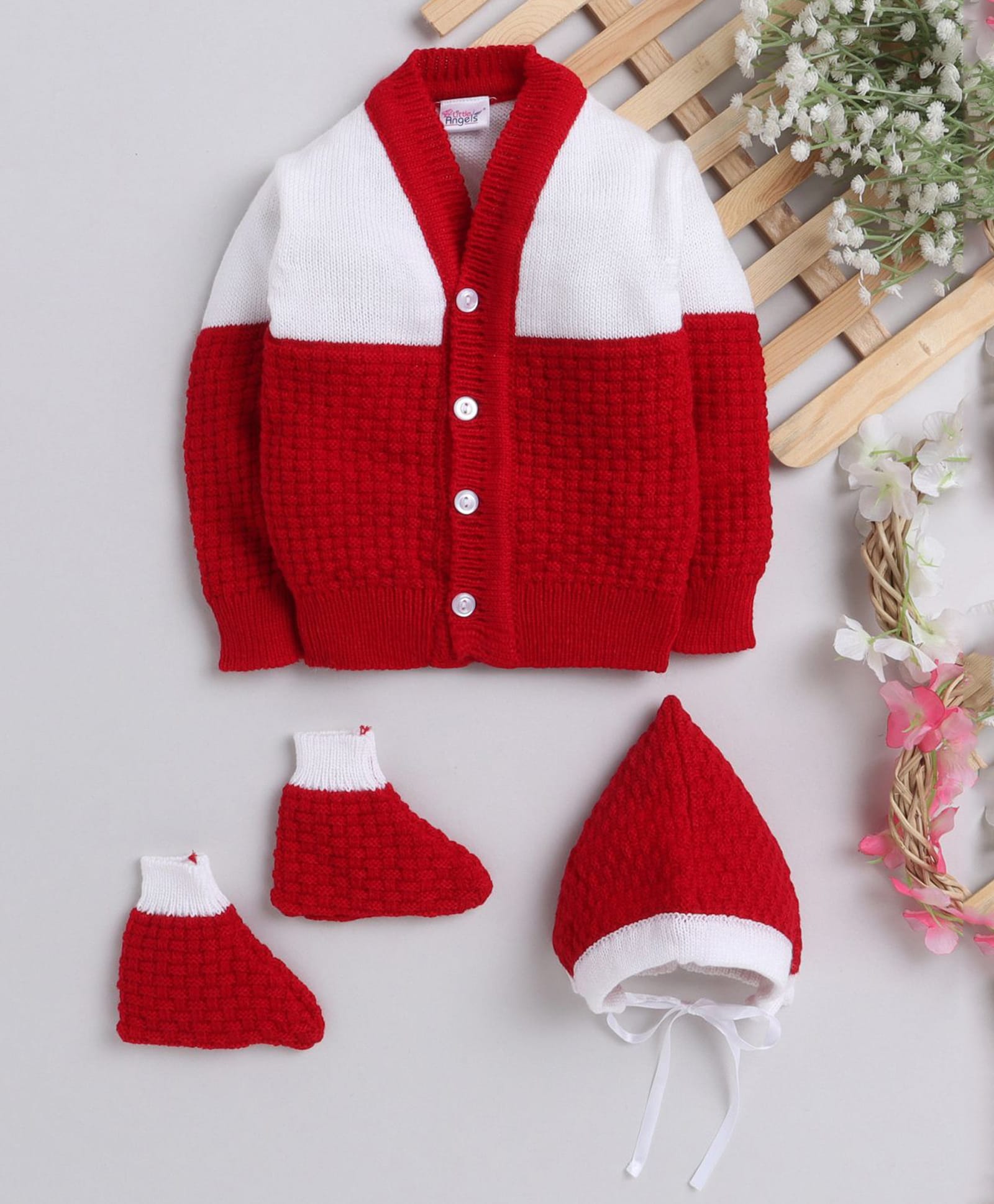 Little Angels Wool Knit Full Sleeves Colour Blocked Cardigan Cap & Socks Set - Red-image-26