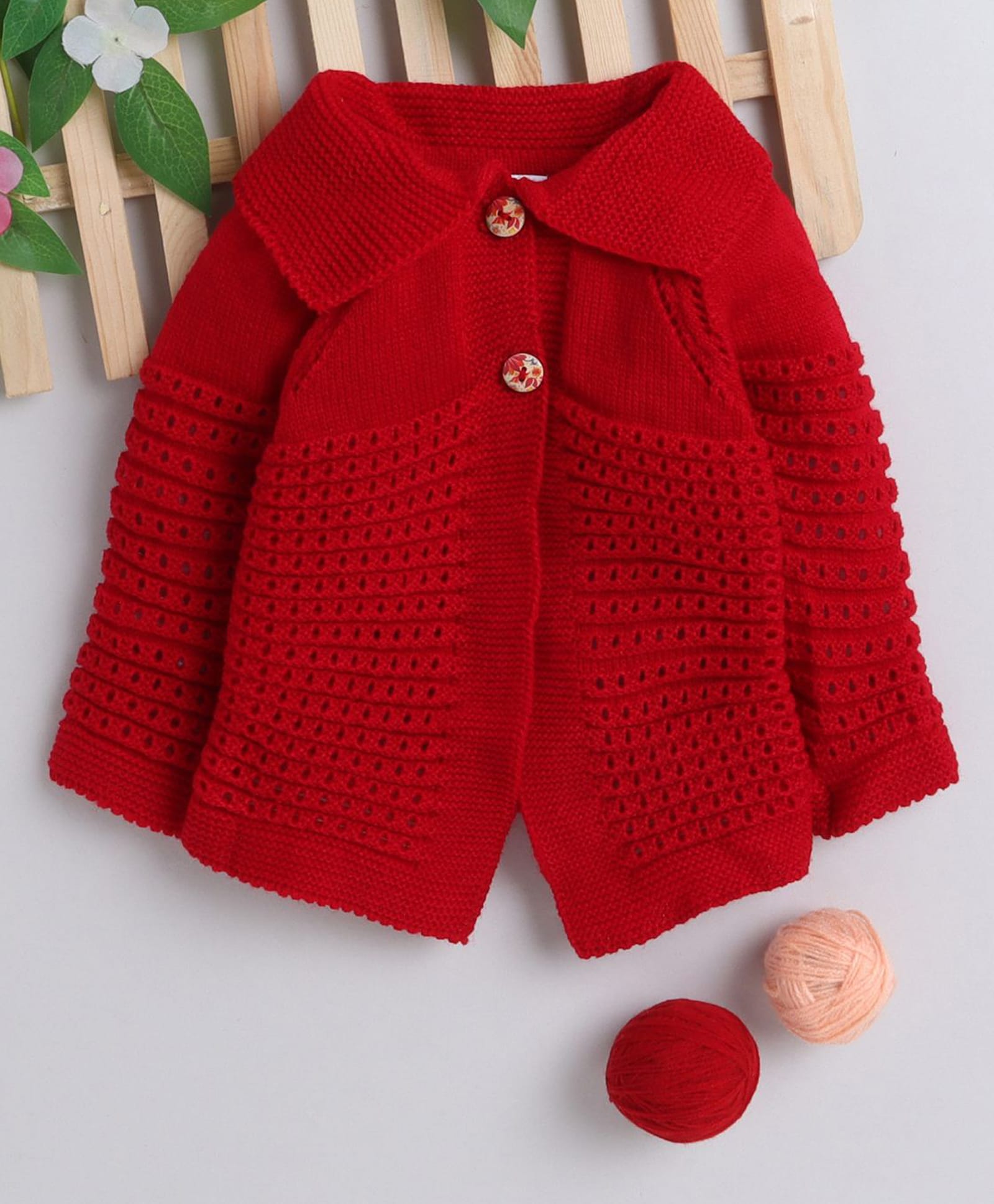 Little Angels Wool Knit Full Sleeves Textured Cardigan - Red-image-33