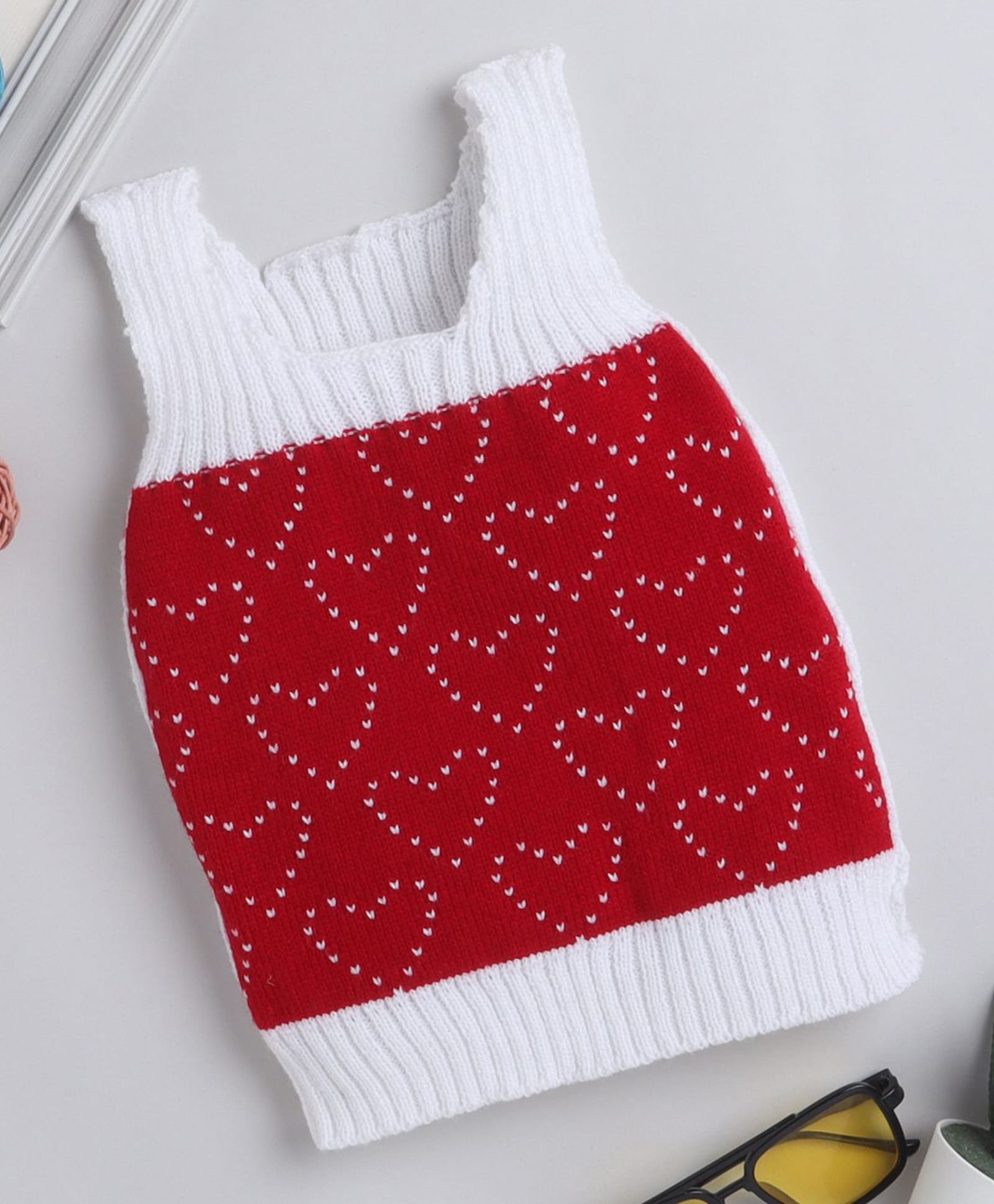 Little Angels Wool Knit Sleeveless Heart Designed Sweater - White & Red-image-3