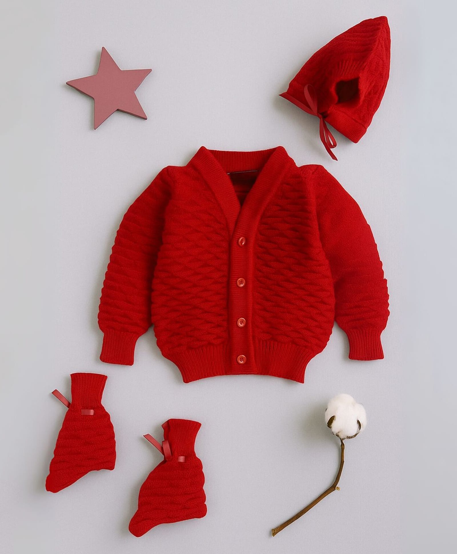 Little Angels Wool Knit Full Sleeves Textured Cardigan Cap & Socks Set - Red-picture-18