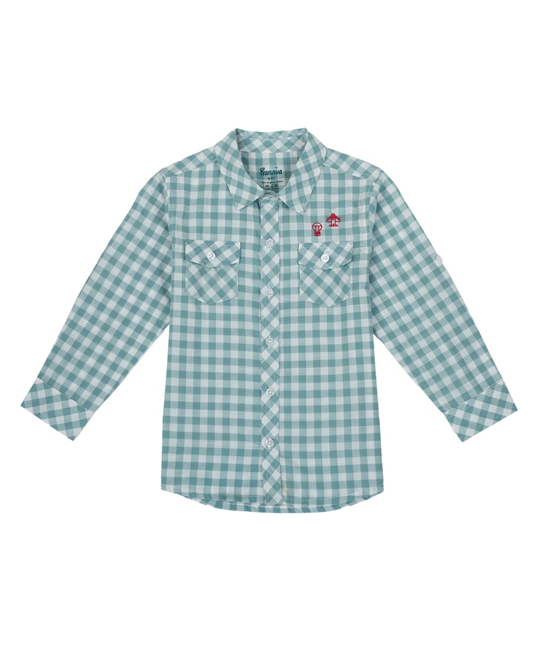 Pranava Organic Cotton Woven Full Sleeves Gingham Checked Airplane & Package Embroidered Shirt - Green-image-40