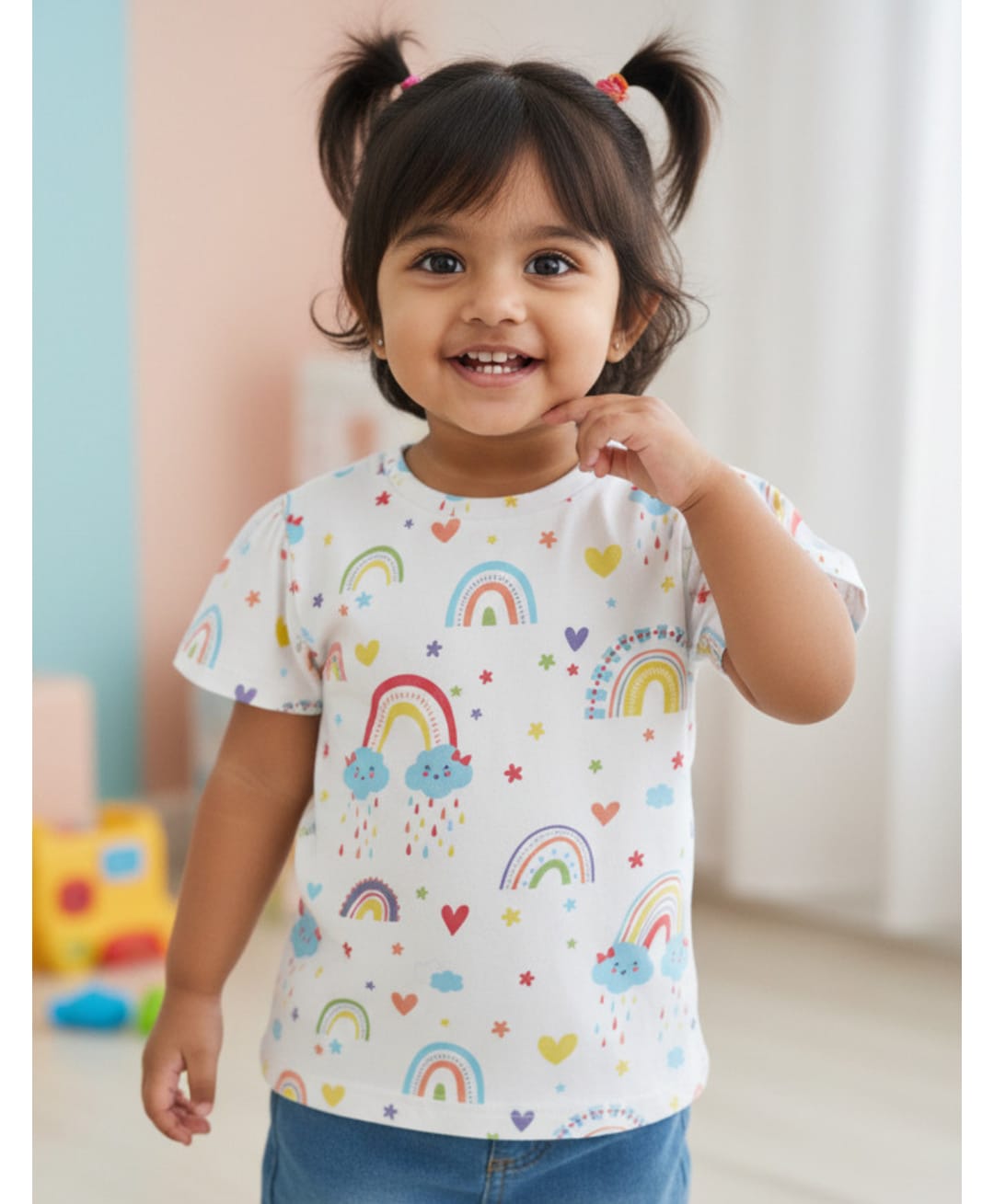 Pranava Organic Cotton Knit Half Sleeves Rainbow & Hearts Printed Top - White-picture-18