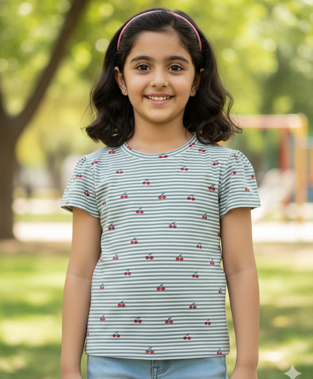 Pranava Organic Cotton Knit Half Sleeves Cherries Printed Top - Green-image-14