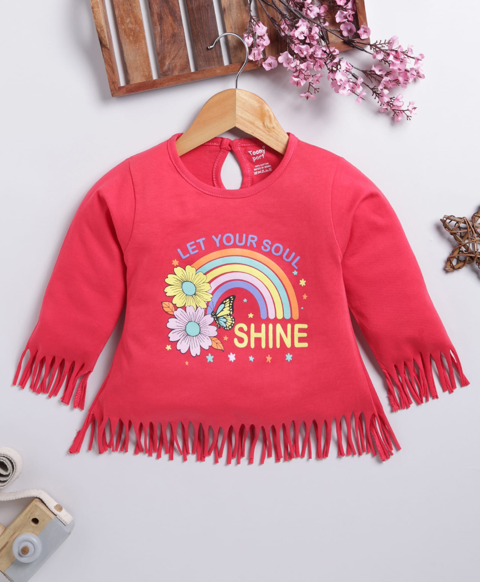 TOONYPORT Cotton Knit Full Sleeves Floral & Rainbow Printed Top - Pink-picture-15