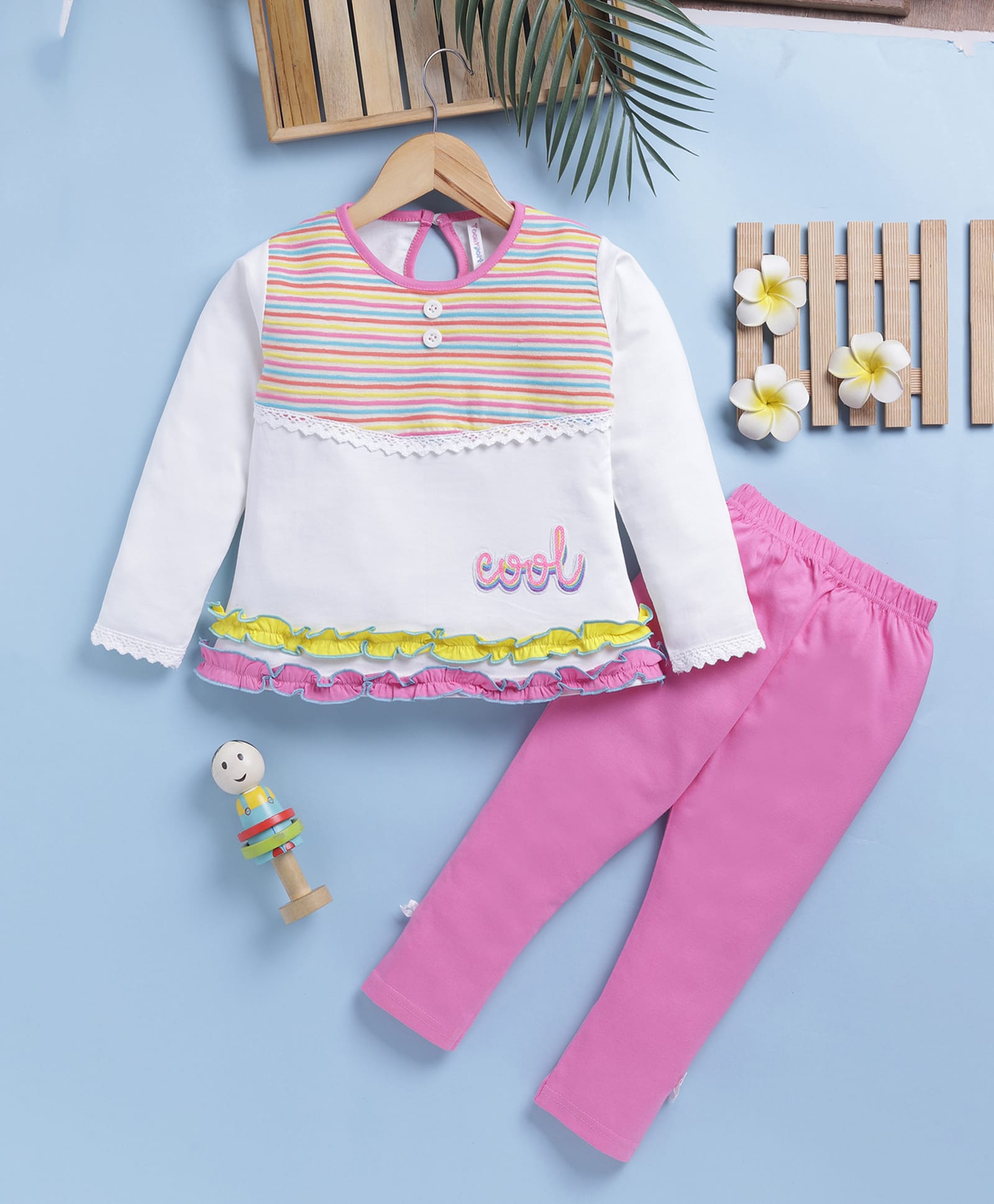 TOONYPORT Cotton Knit Full Sleeve Striped & Cool Text Printed Top With Pant Set - White-image-29