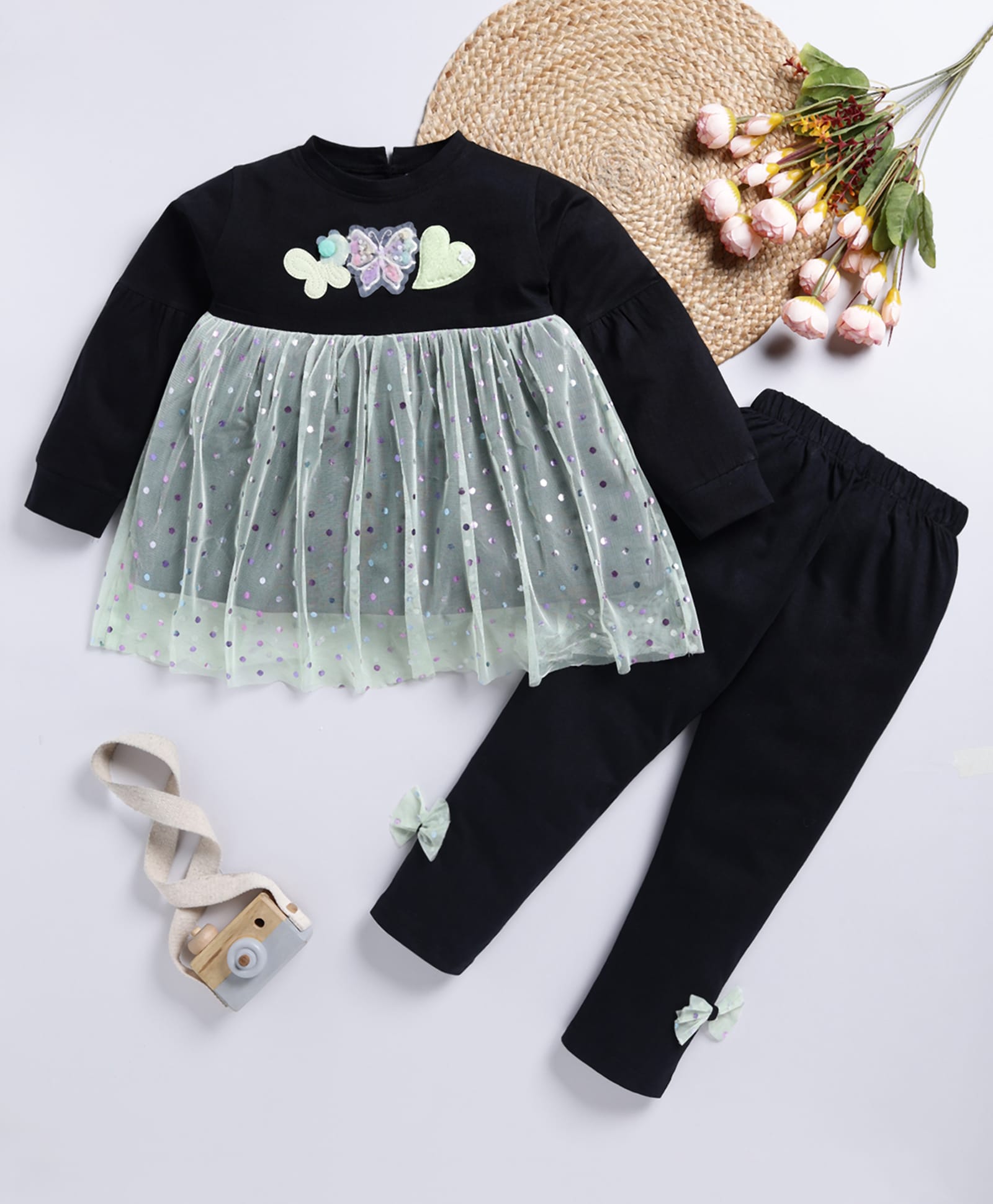 TOONYPORT Cotton Knit Full Sleeves Butterfly & Heart Patch Detailed Top With Pant Set - Black-image-15