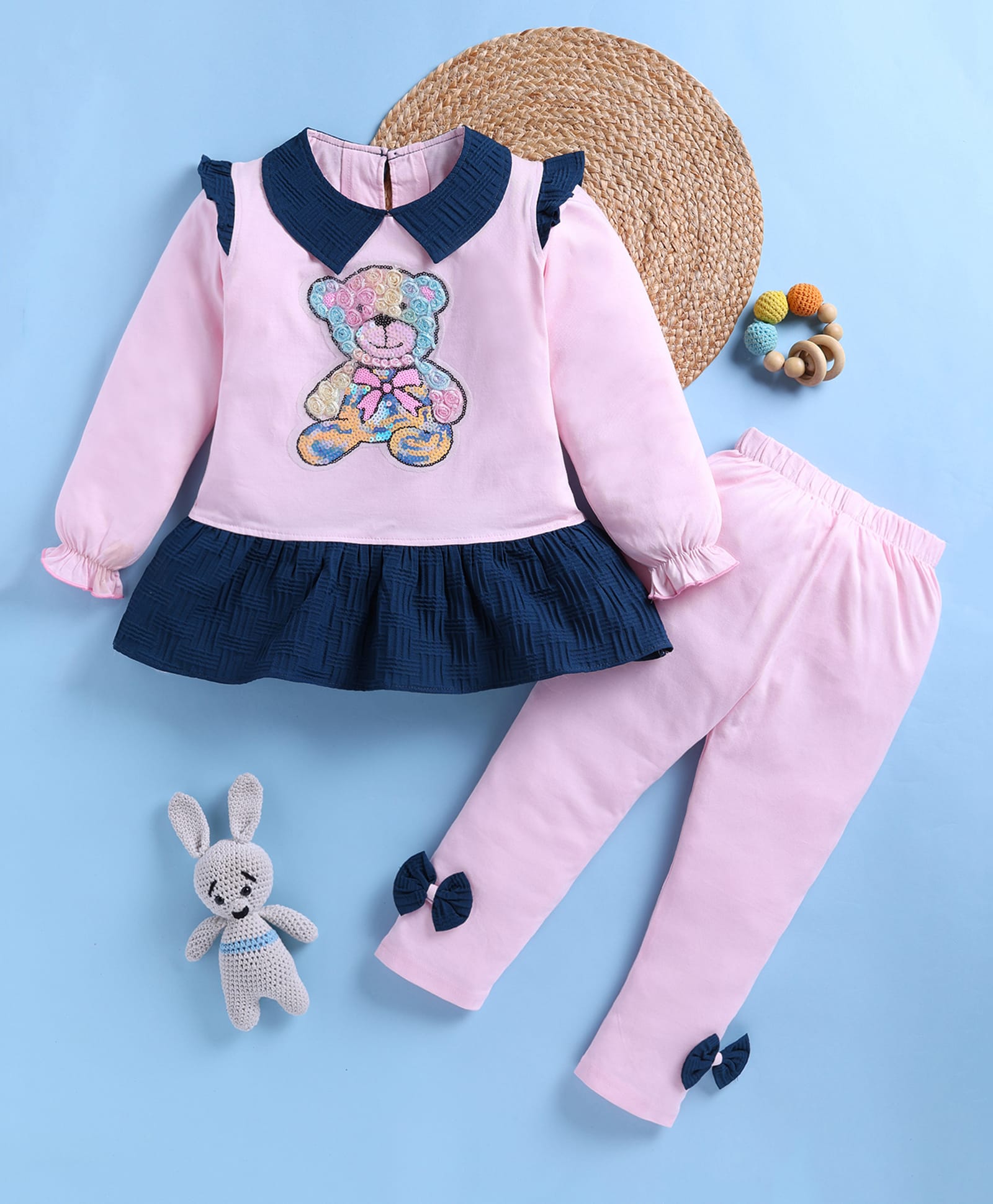 TOONYPORT Cotton Knit Full Sleeves Teddy Patch Detailed Sequins Embellished Top With Pant Set - Pink-image-18