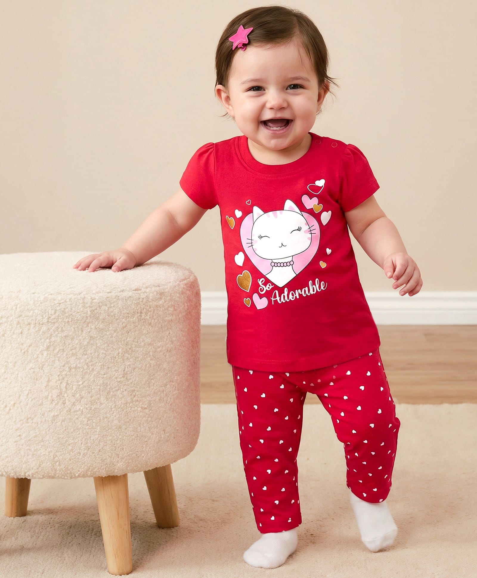 Doodle Poodle 100% Cotton Knit Half Sleeves Night Suit With Cat & Heart Print - Red-picture-23