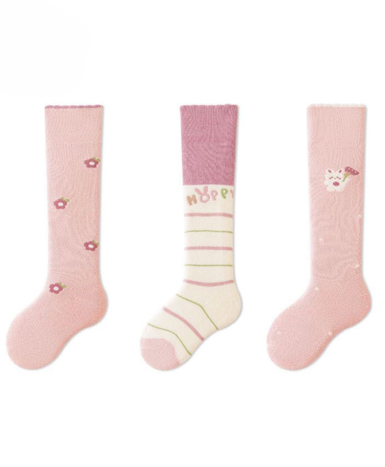 Kidofash Cotton Pack of 3 Floral & Bunny Printed Socks - Dark Pink-image-26