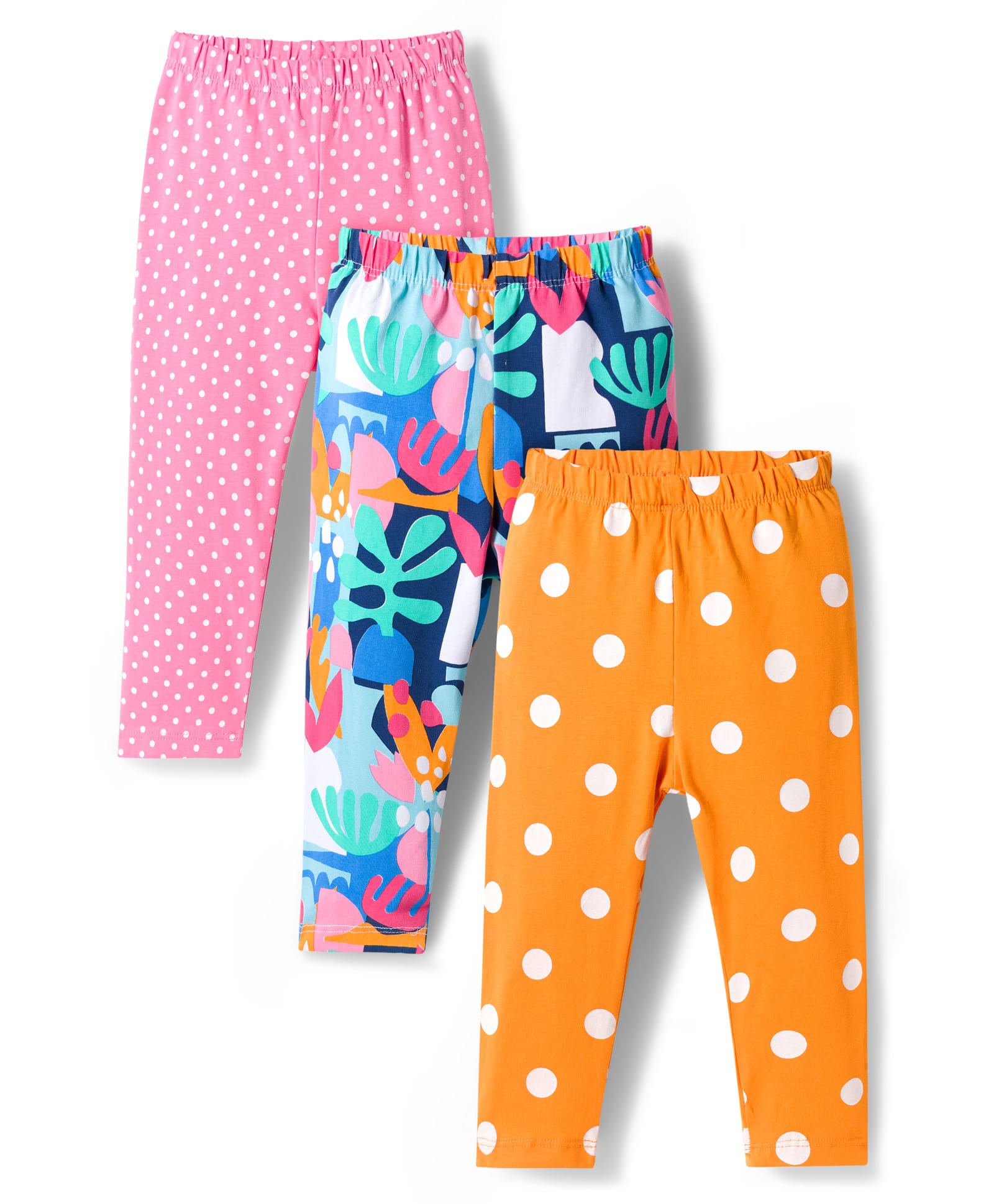 Babyhug Cotton Lycra Knit Full Length Plant & Polka Dot Printed Leggings Pack of 3 - Orange Pink & Navy Blue-image-31