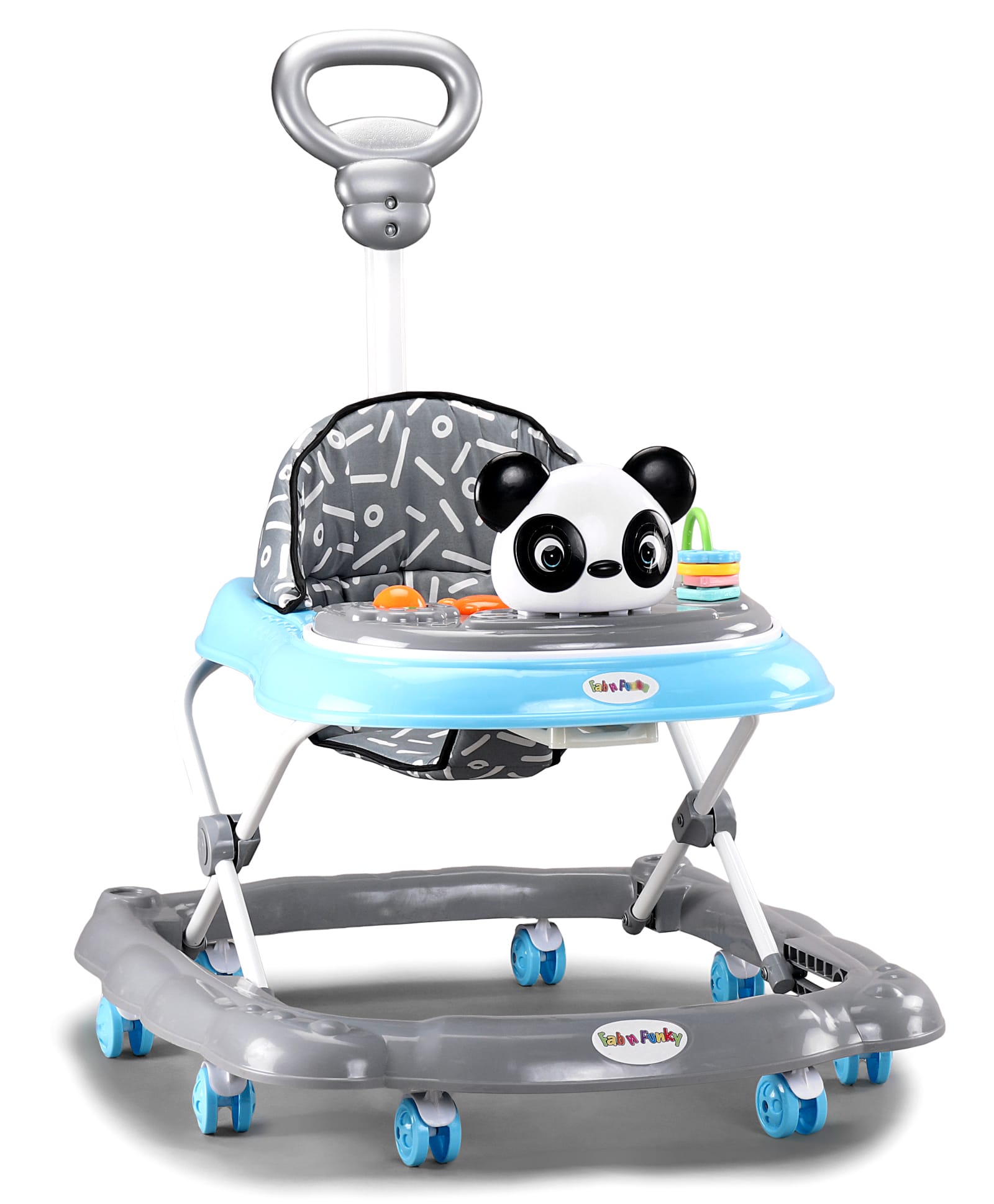 Baby Panda Musical Walker with Parental Handle Blue| Adjustable Height| Compact Fold| Activity Toy Tray with Light| Smooth Swivel Wheels| Padded Cushion Seat| Toy 618 Months Boy & Girls