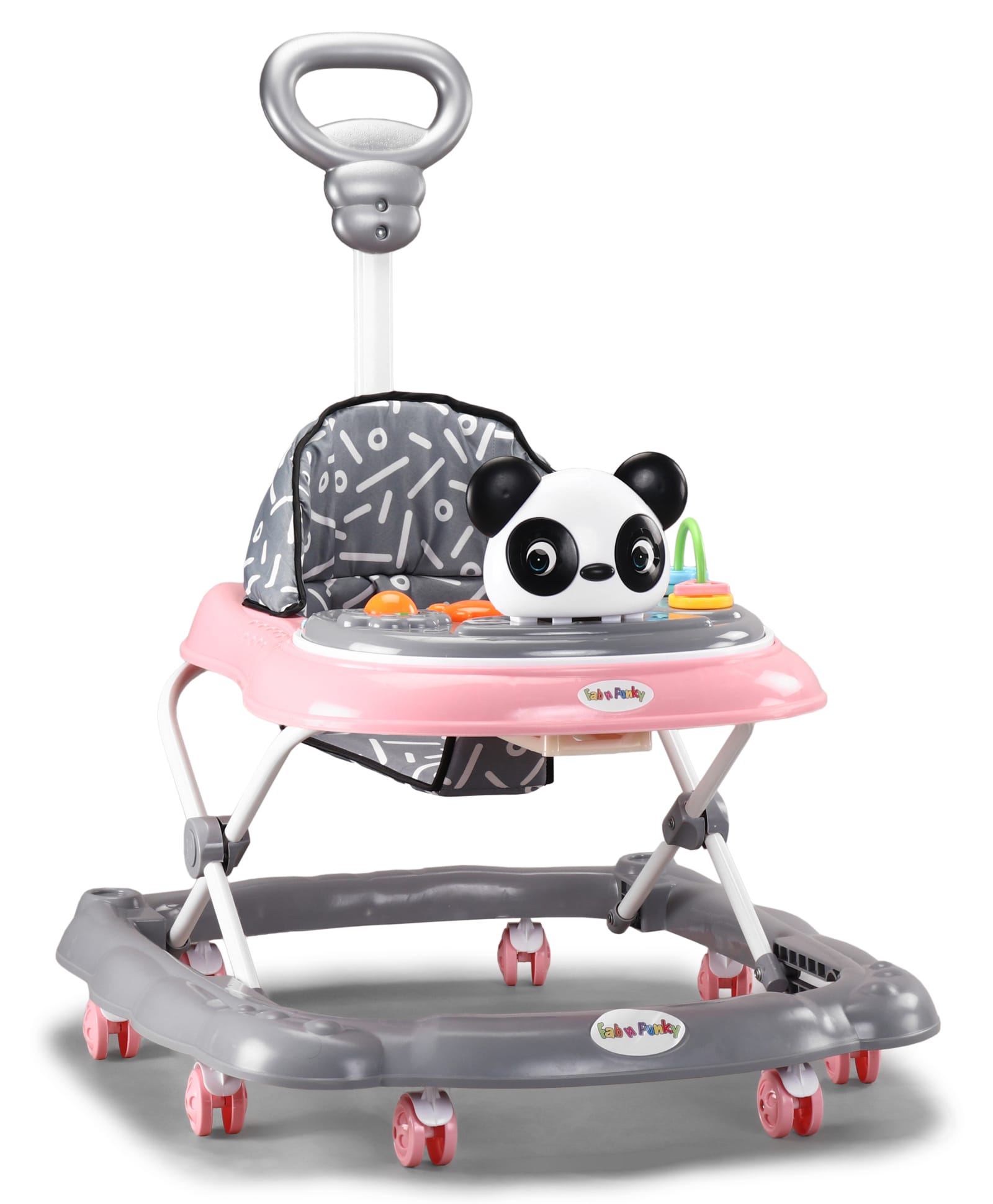 Baby Panda Musical Walker with Parental Handle Pink| Adjustable Height| Compact Fold| Activity Toy Tray with Light| Smooth Swivel Wheels| Padded Cushion Seat| Toy 618 Months Boy & Girls