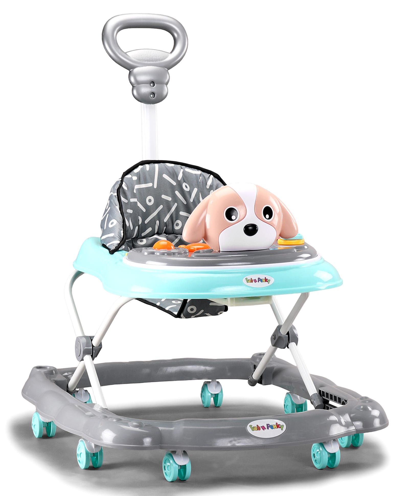 Baby Puppy Musical Walker with Parental Handle Sea Green| Adjustable Height| Compact Fold| Activity Toy Tray with Light| Smooth Swivel Wheels| Padded Cushion Seat| Toy 618 Months Kids