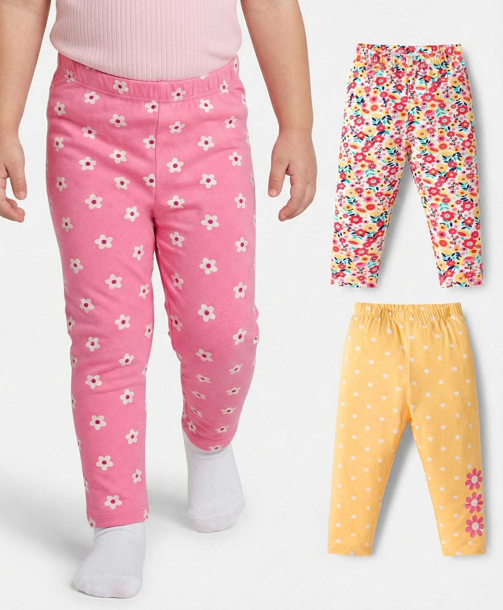 Babyhug Cotton Lycra Knit Full Length Leggings With Floral & Polka Dot Print Pack of 3 - Multicolor-picture-28