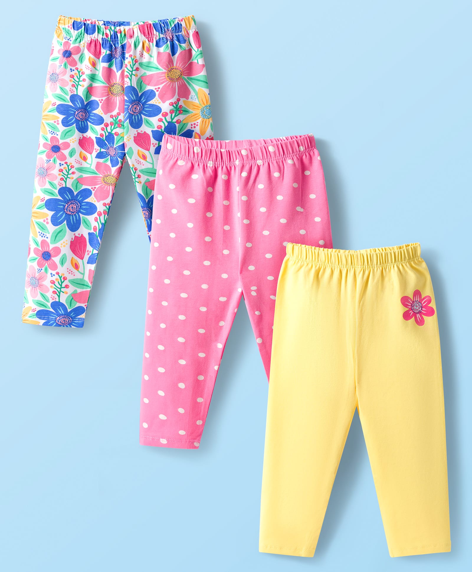 Babyhug Cotton Lycra Knit Full Length Floral & Polka Dots Printed Leggings Pack Of 3 - Multicolour-picture-18