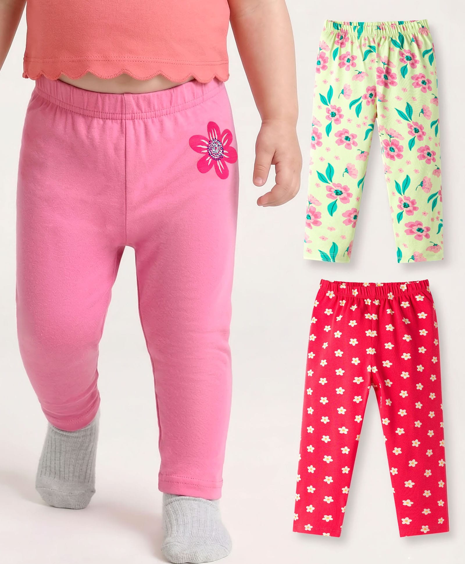 Babyhug Cotton Lycra Knit Full Length Leggings With Floral Print Pack Of 3 - Pink Red & Yellow-picture-16