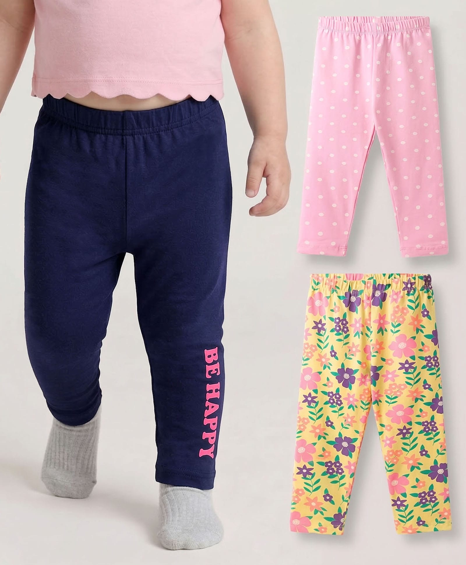 Babyhug Cotton Lycra Knit Full Length Leggings With Floral Print Pack Of 3 - Pink Navy Blue & Yellow-picture-19