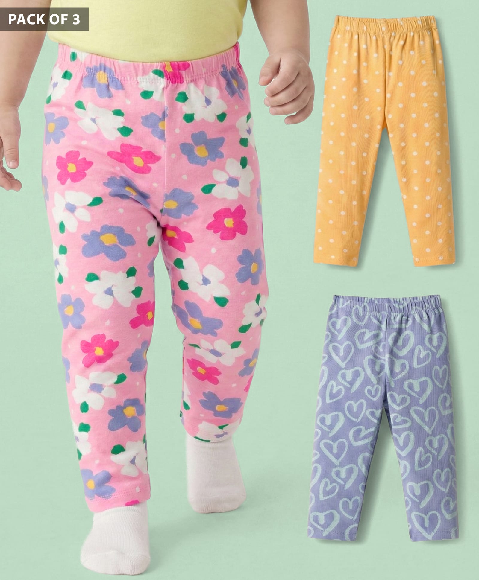 Babyhug Cotton Lycra Knit Full Length Leggings with Heart Polka Dots & Floral Print Pack of 3 - Multicolor