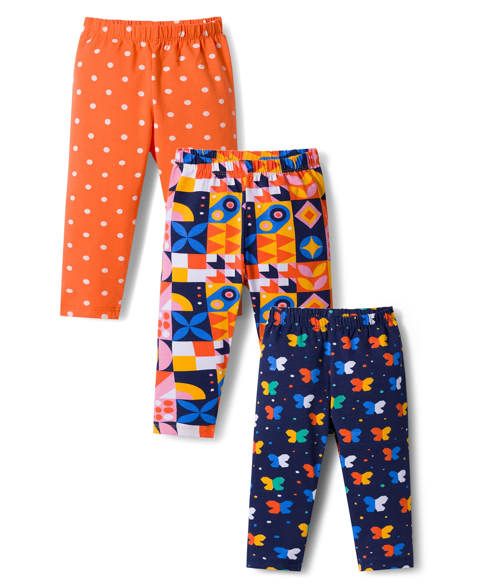 Babyhug Cotton Lycra Knit Full Length Leggings With Polka Dot Print Pack Of 3 - Navy Blue & Orange-picture-13