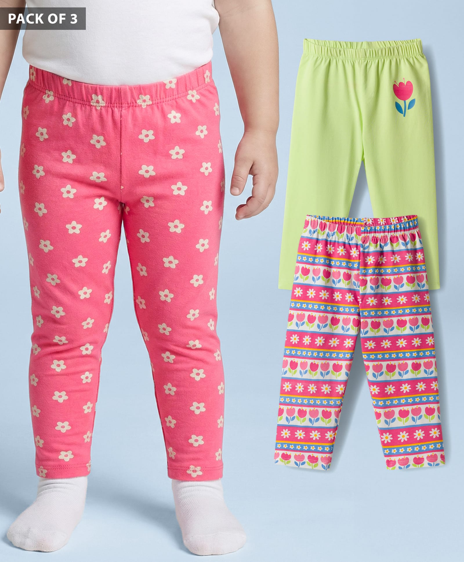 Babyhug Cotton Lycra Knit Full Length Leggings With Floral Print Pack Of 3 - Pink Lime Green & White-picture-27