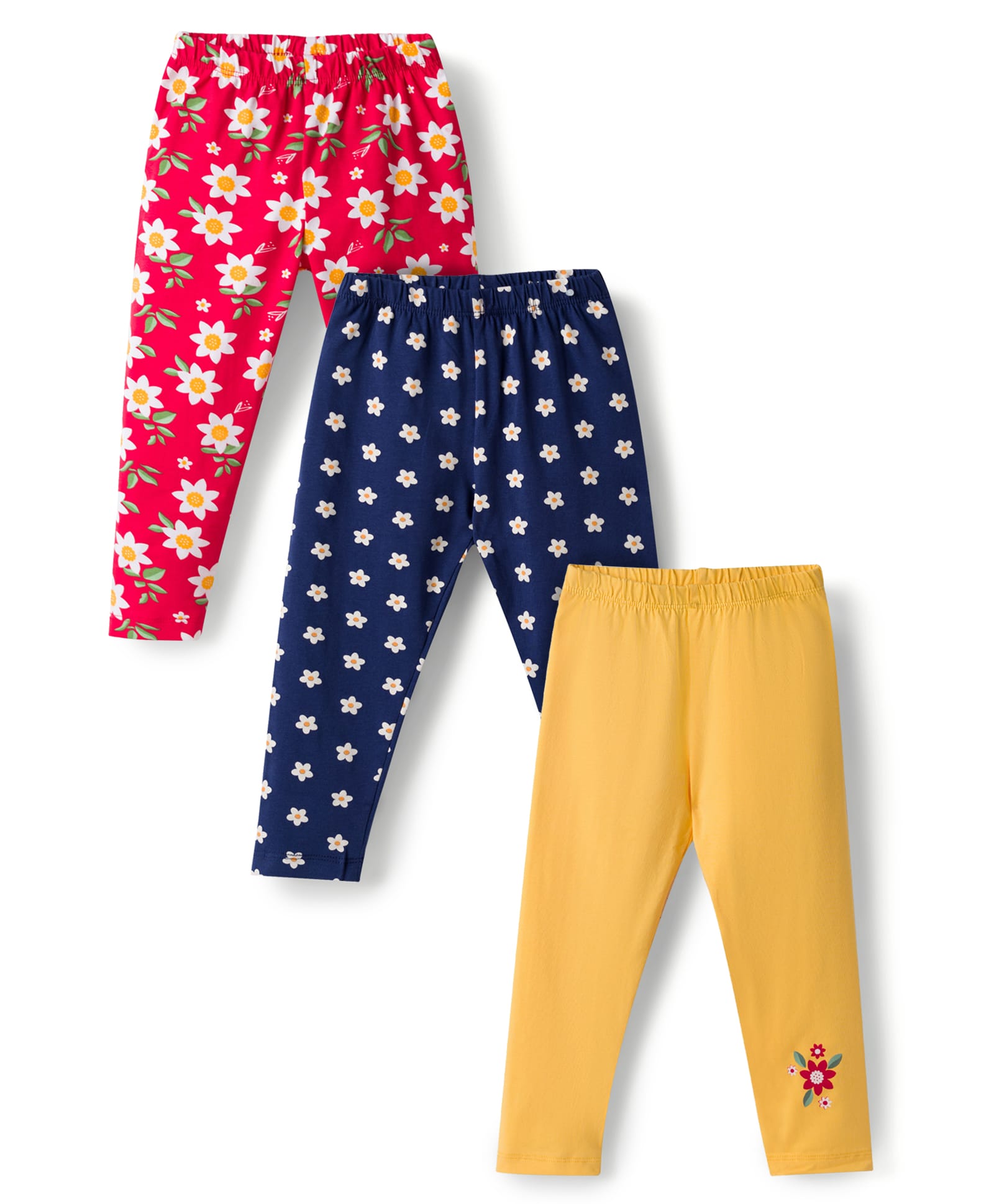 Babyhug Cotton Knit Full Length Leggings with Floral Print Pack of 3 - Navy Blue Yellow & Red-picture-28