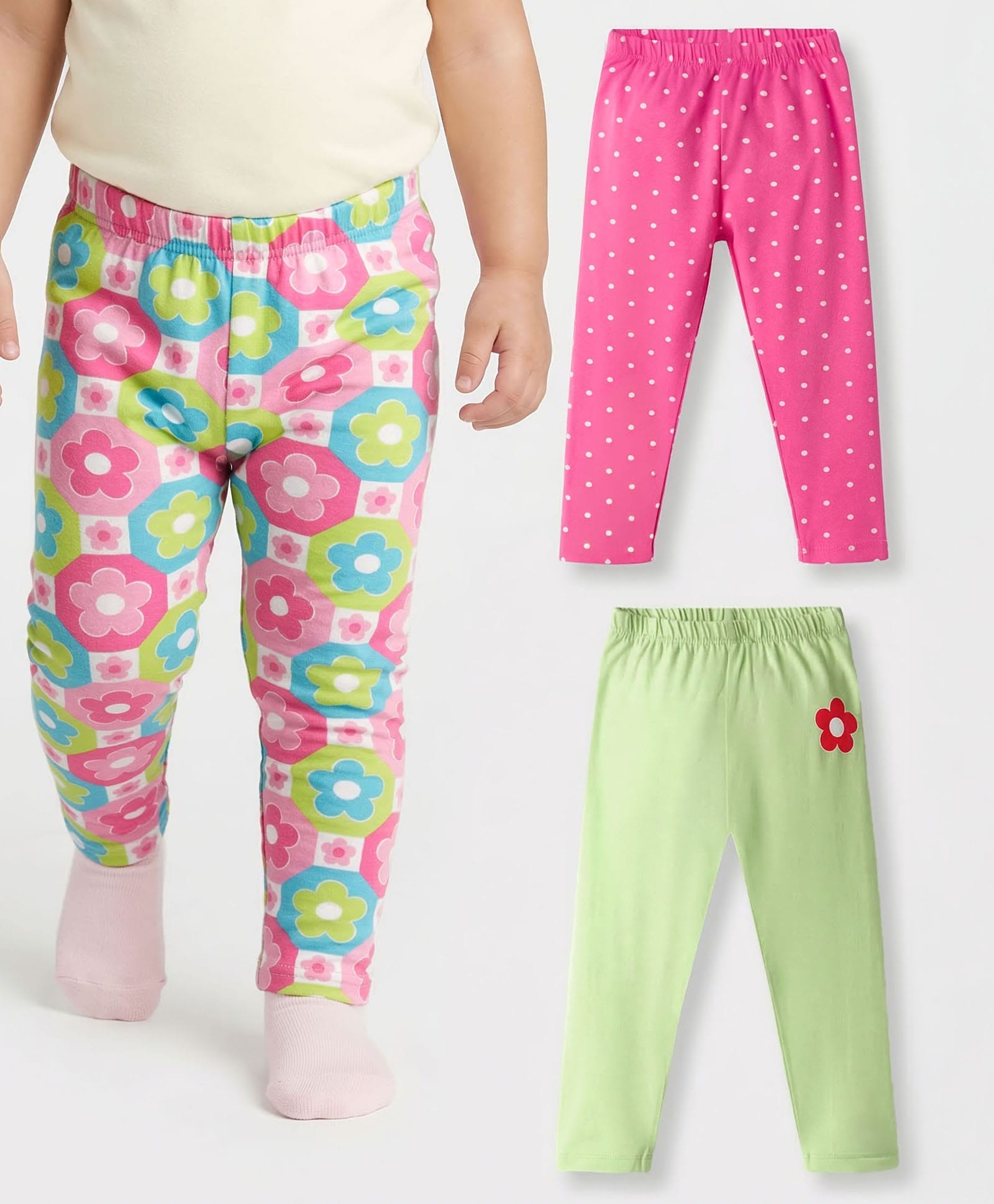 Babyhug Cotton Lycra Knit Full Length Leggings with Floral & Polka Dot Print Pack of 3 - Multicolor-picture-11