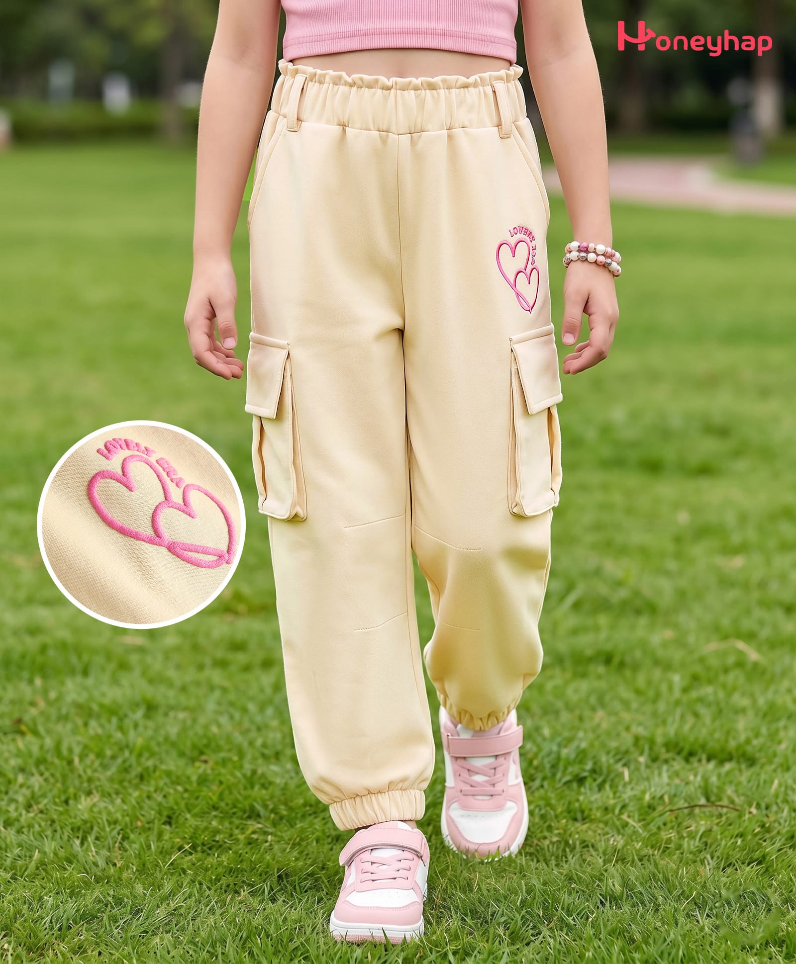 Honeyhap Premium 100% Cotton Looper Knit Full Length Hearts Printed Lounge Pant With Cargo Pockets & Bio Wash - Peachy Keen-picture-19