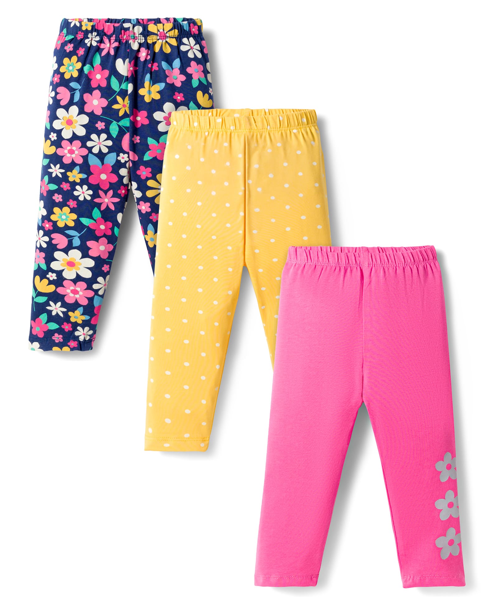 Babyhug Cotton Lycra Knit Full Length Leggings with Floral Print Pack of 3 - Multicolor-picture-21