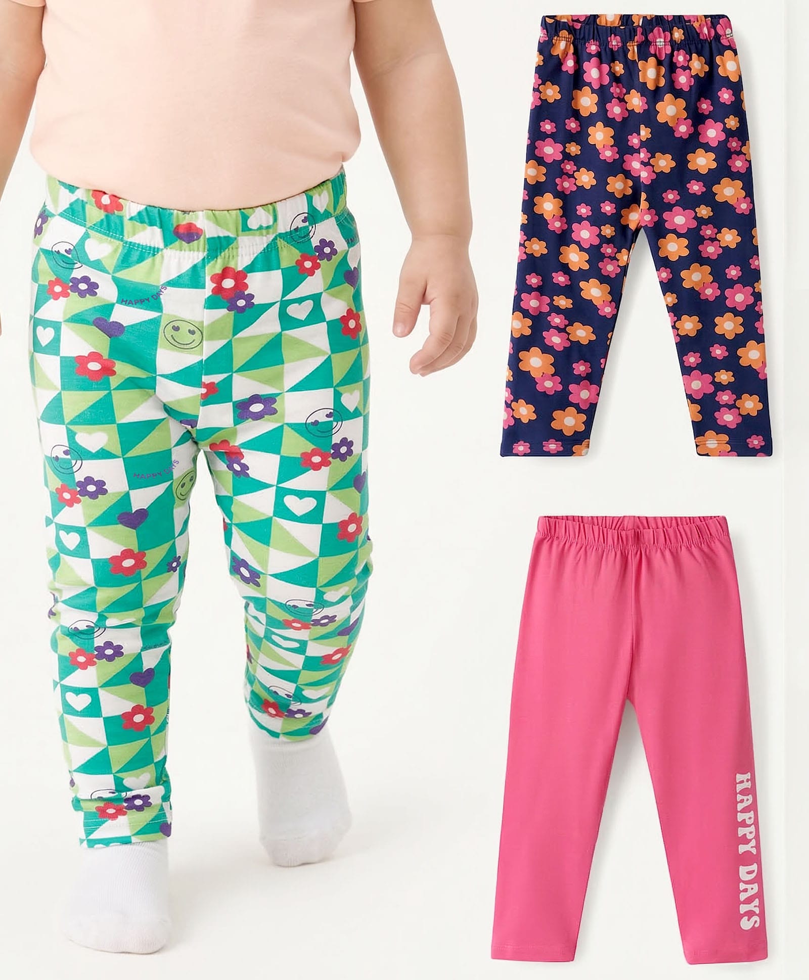 Babyhug Cotton Lycra Knit Full Length Leggings with Floral Print Pack of 3 - Multicolor-picture-25