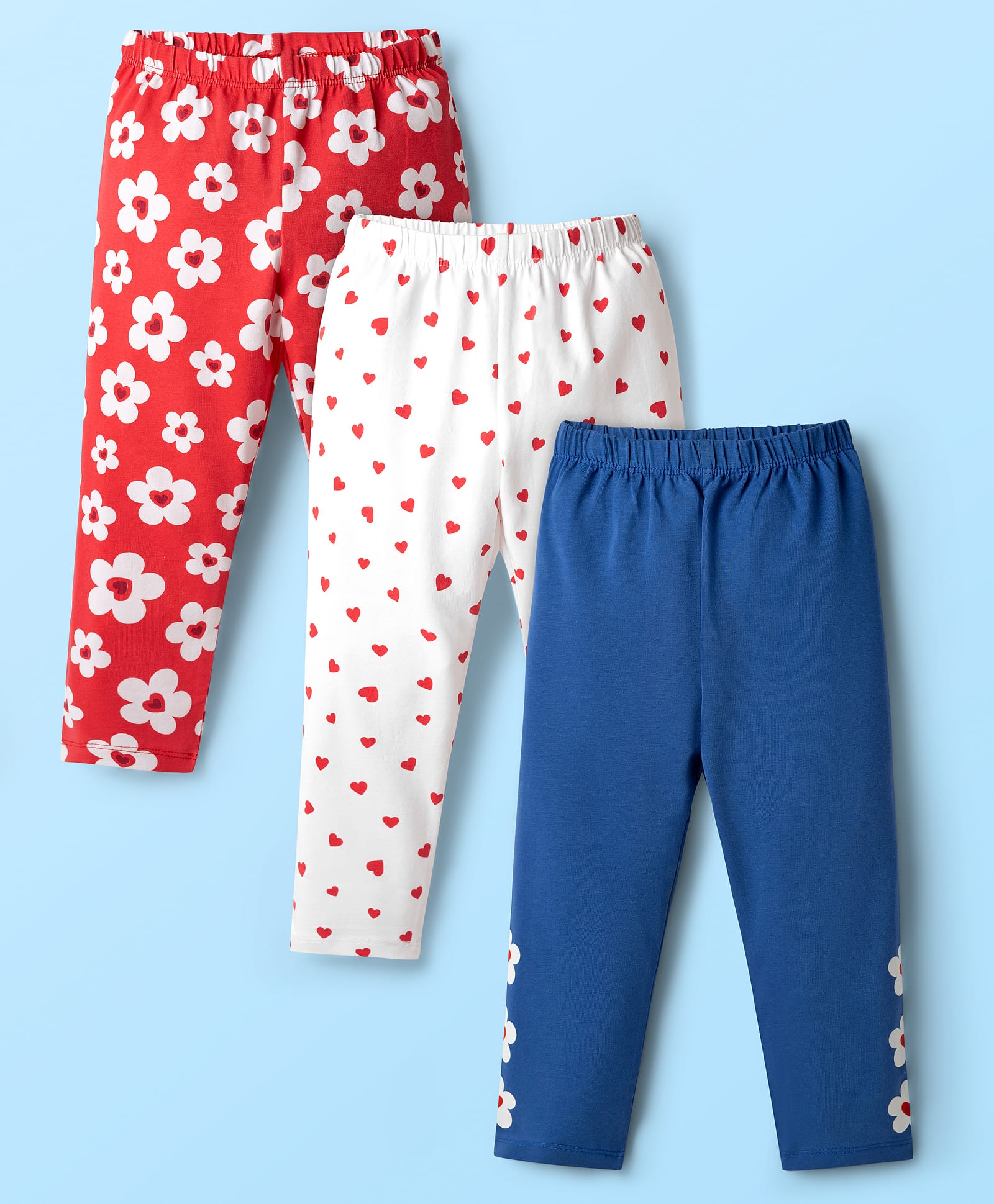 Babyhug Cotton Knit Full Length Leggings with Floral & Heart Print Pack of 3 - Red Blue & White-picture-20