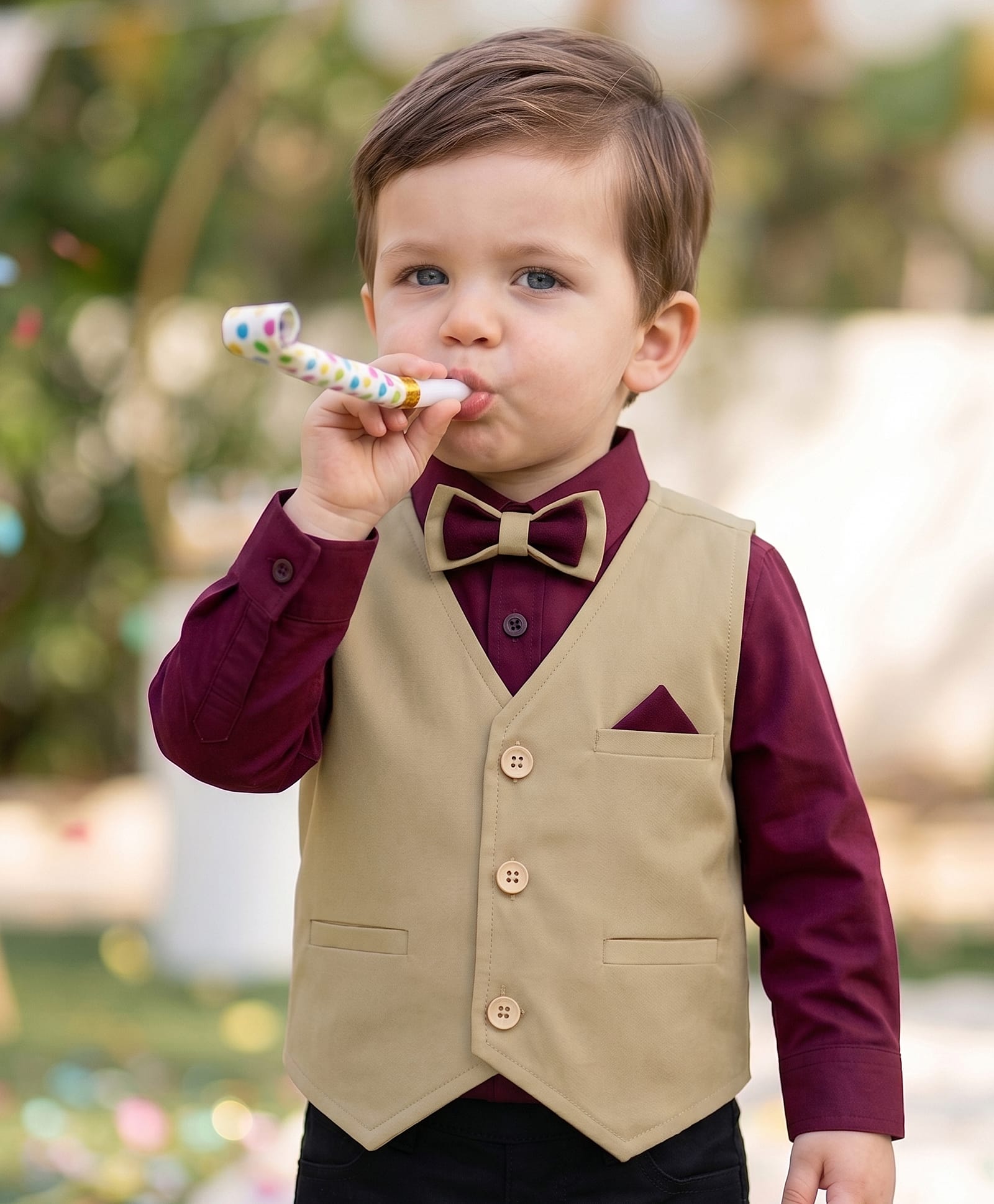 Babyoye Cotton Woven Full Sleeves Party Shirt with Waistcoat & Bow- Brown-image-9