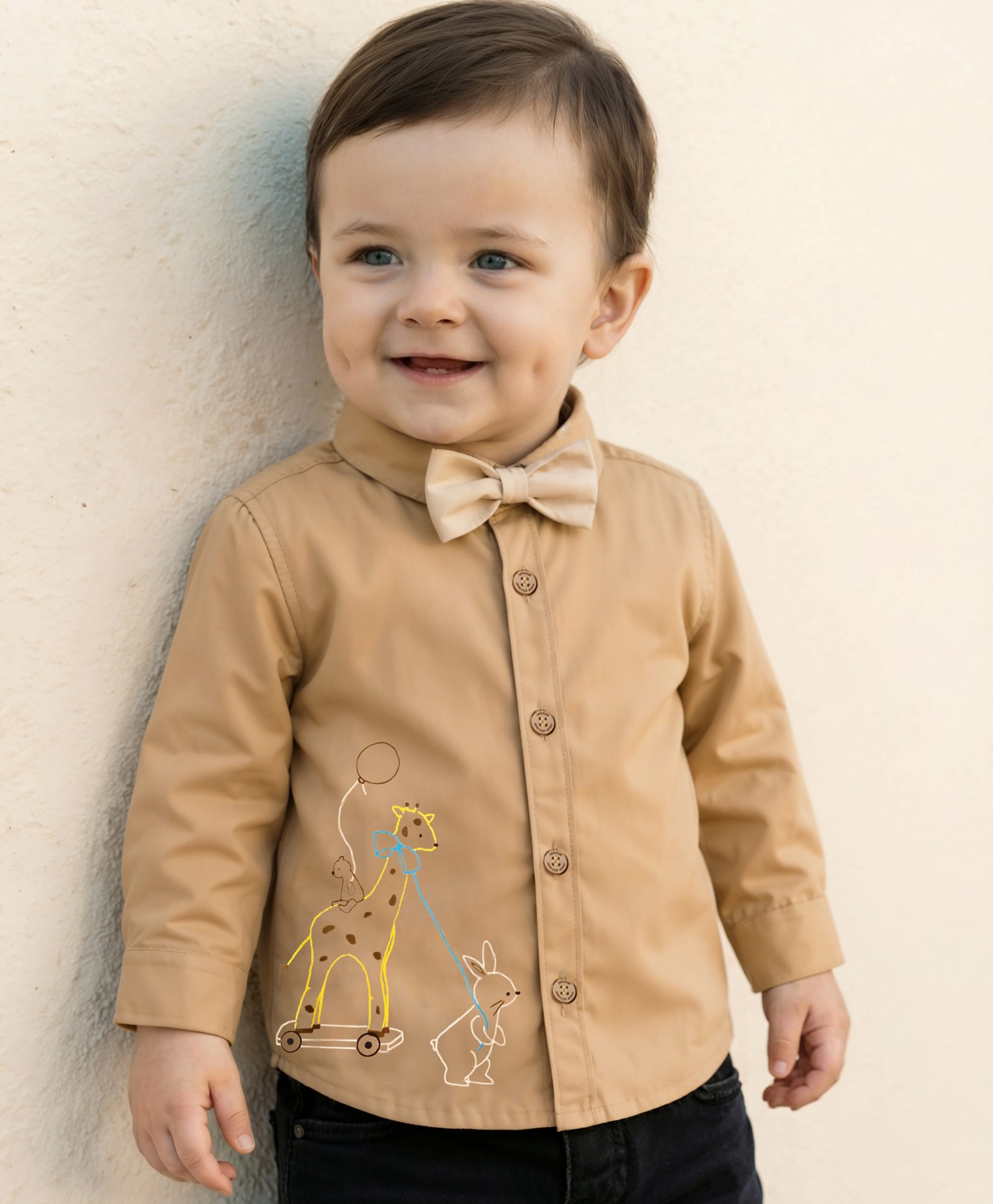 Babyoye 100% Cotton Woven Full Sleeves Shirt With Animal Print & Bow - Beige-image-45