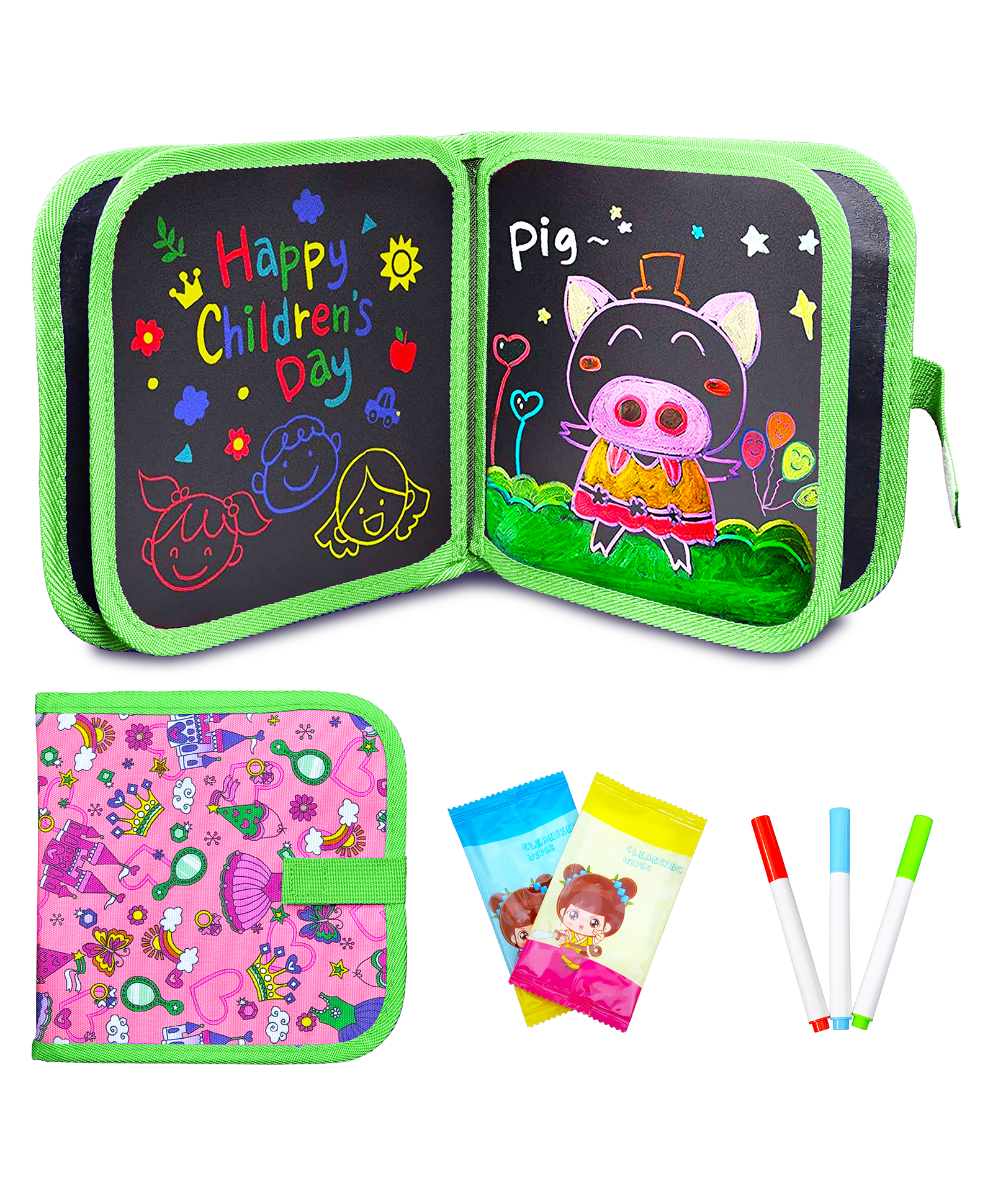 VGRASSP Reusable 6 Pages Slate Book For Kids With 3 Washable Markers And Wet Wipes - Erasable Drawing Chalk Pad - Color May Vary-image-36