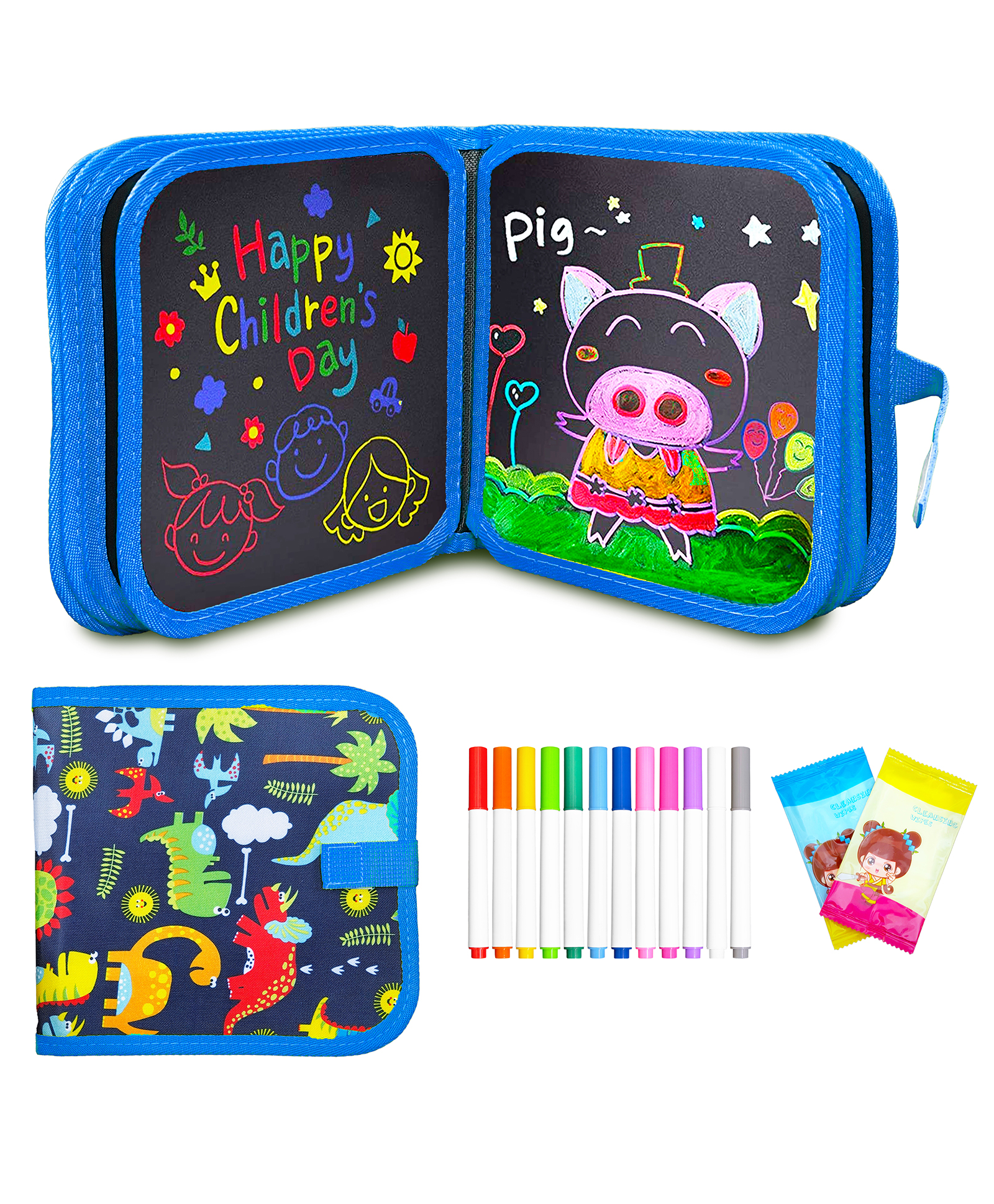 VGRASSP Reusable 14 Pages Slate Book For Kids With 12 Washable Markers And Wet Wipes - Erasable Drawing Chalk Pad - Color May Vary-image-38