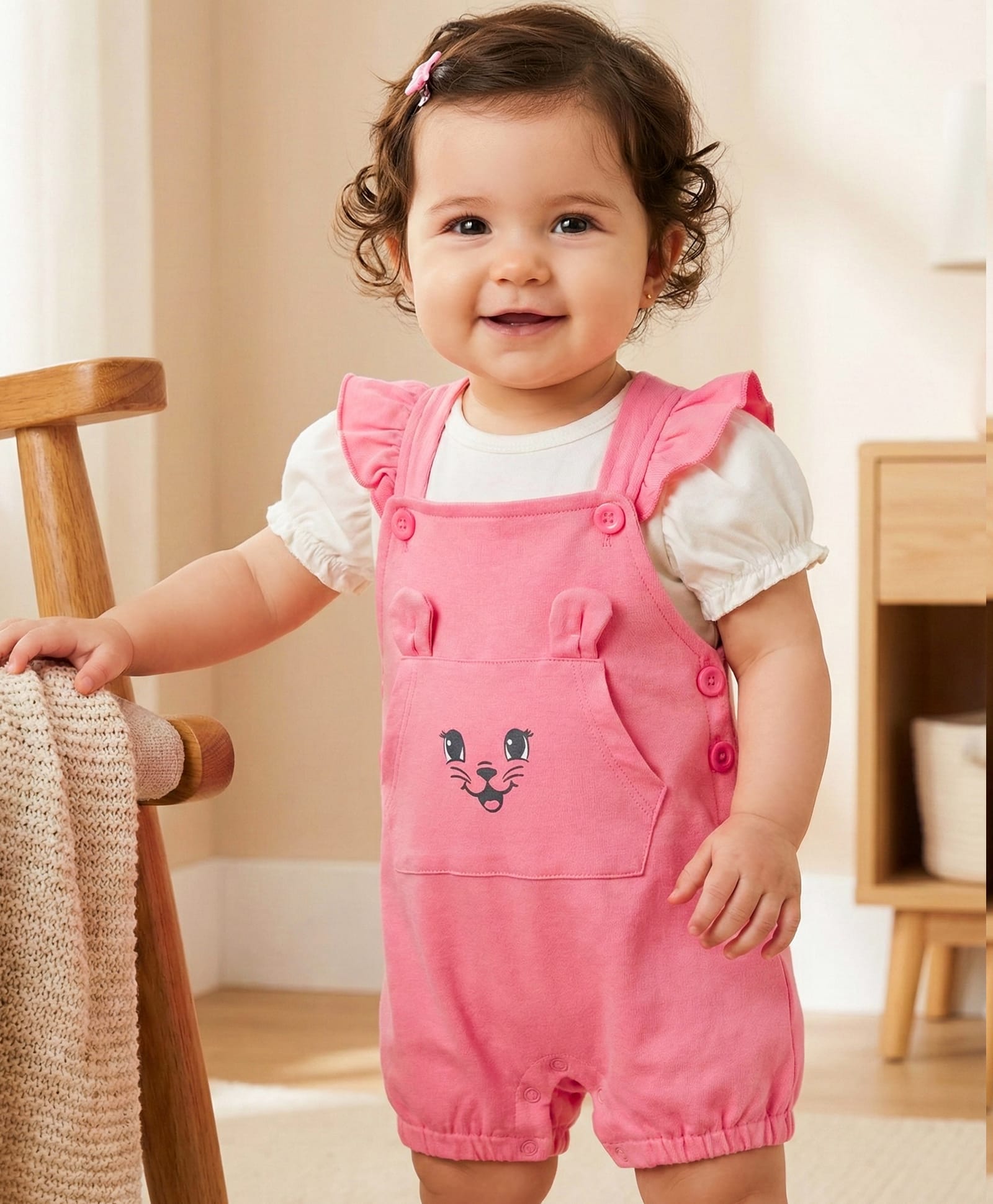 Babyoye 100% Cotton Knit With Eco Jiva Finish Dungaree & Half Sleeves Inner Tee With Cub Print - Pink & Lemon Yellow-image-17