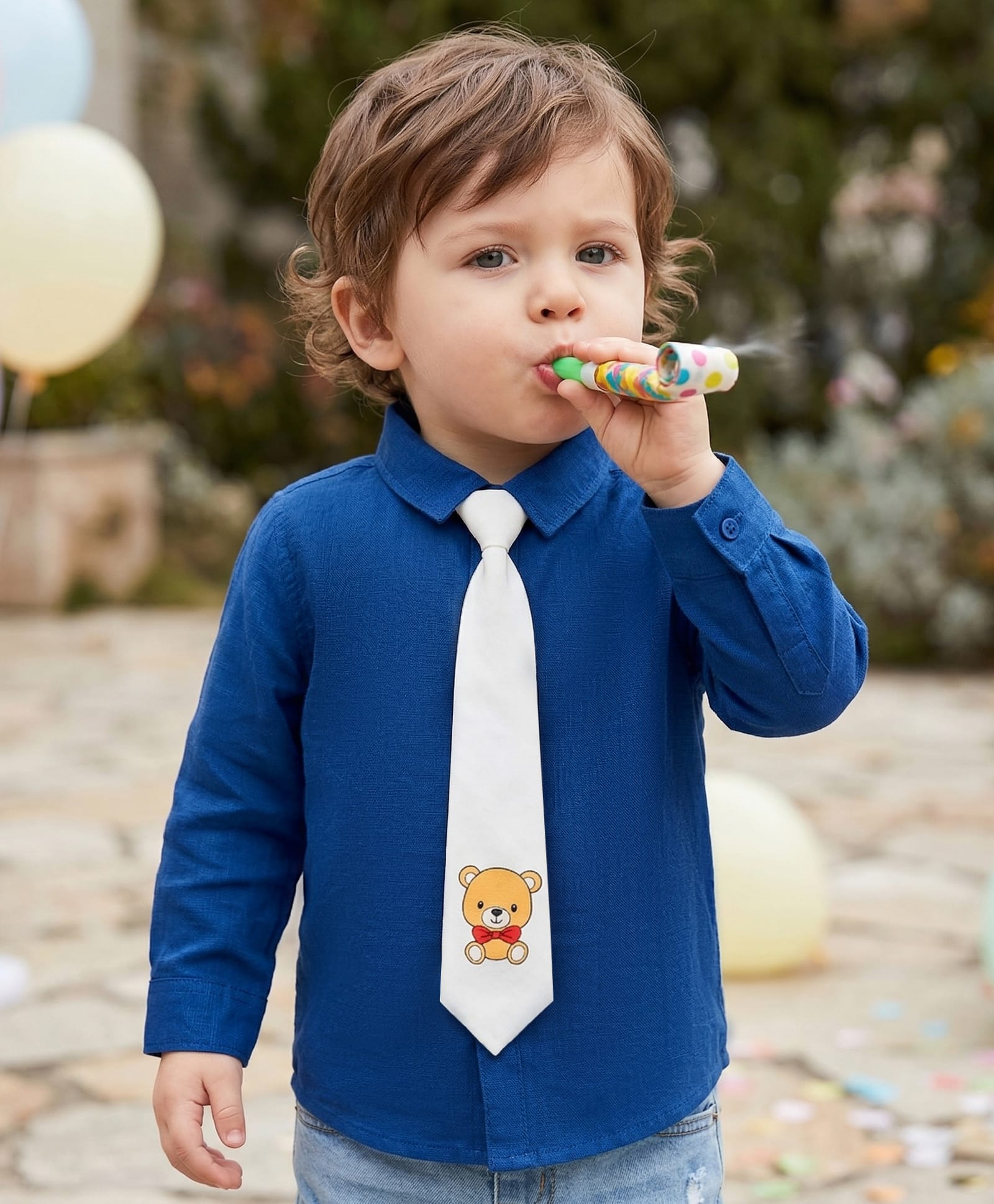 Babyhug 100% Cotton Woven Solid Colour Shirt With Bear Printed Tie - Navy Blue-image-3