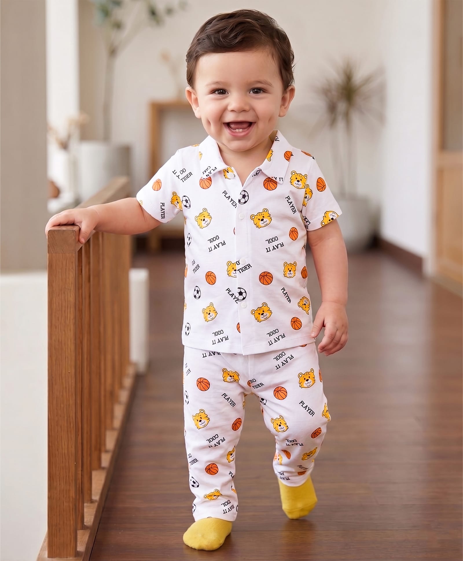 Doodle Poodle 100% Cotton Knit Half Sleeves Shirt & Pyjama Co-ord Night Suit With Tiger Print - White-image-42