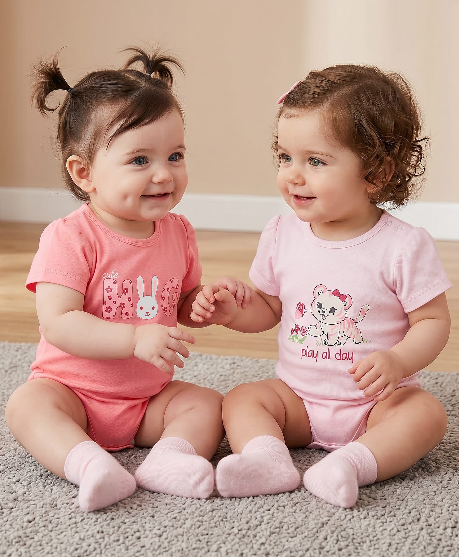 Babyoye 100% Cotton Interlock Knit Half Sleeves Onesies With Eco Jiva Finish Cat & Bunny Print Pack of 2 - Pink-image-18