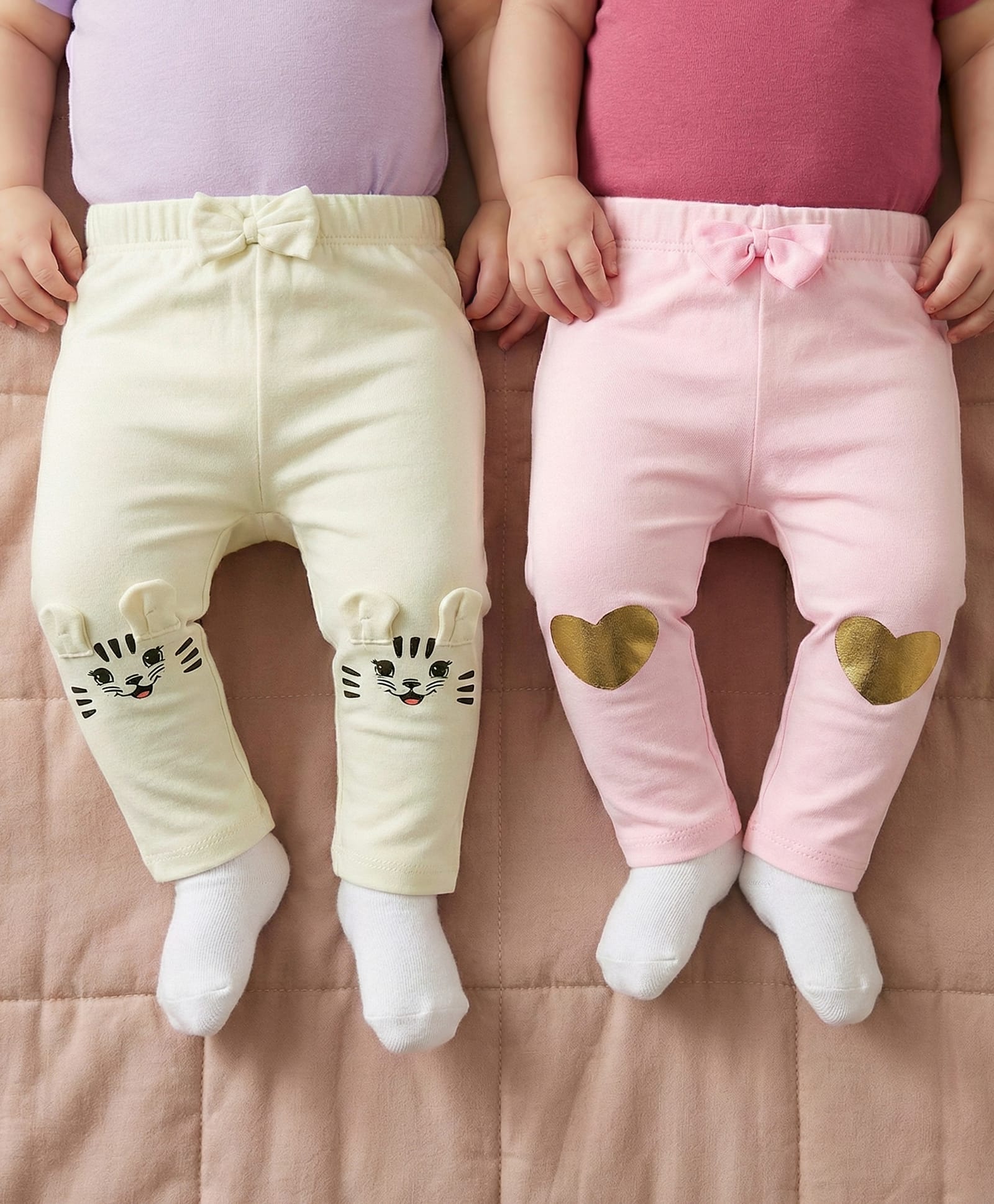 Babyoye 100% Cotton Knit With Eco Jiva Finish Solid Dyed Leggings with Bow Applique & Heart Foil Print Pack of 2 - Pink & White-image-15