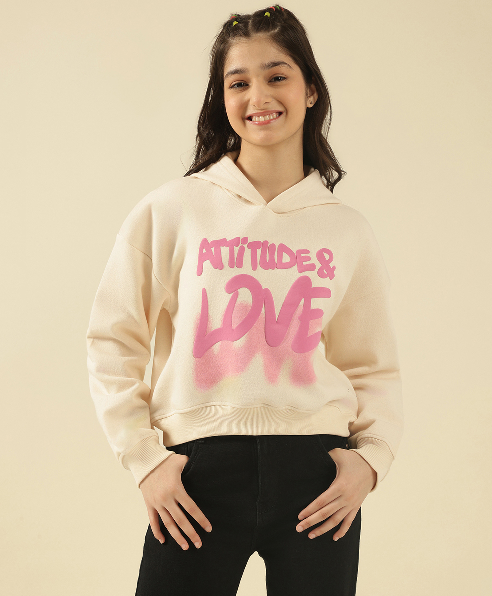 Lil Tomatoes Fleece Knit Full Sleeves Attitude & Love Text Printed Light Winter Hooded Sweatshirt - Cream-image-49