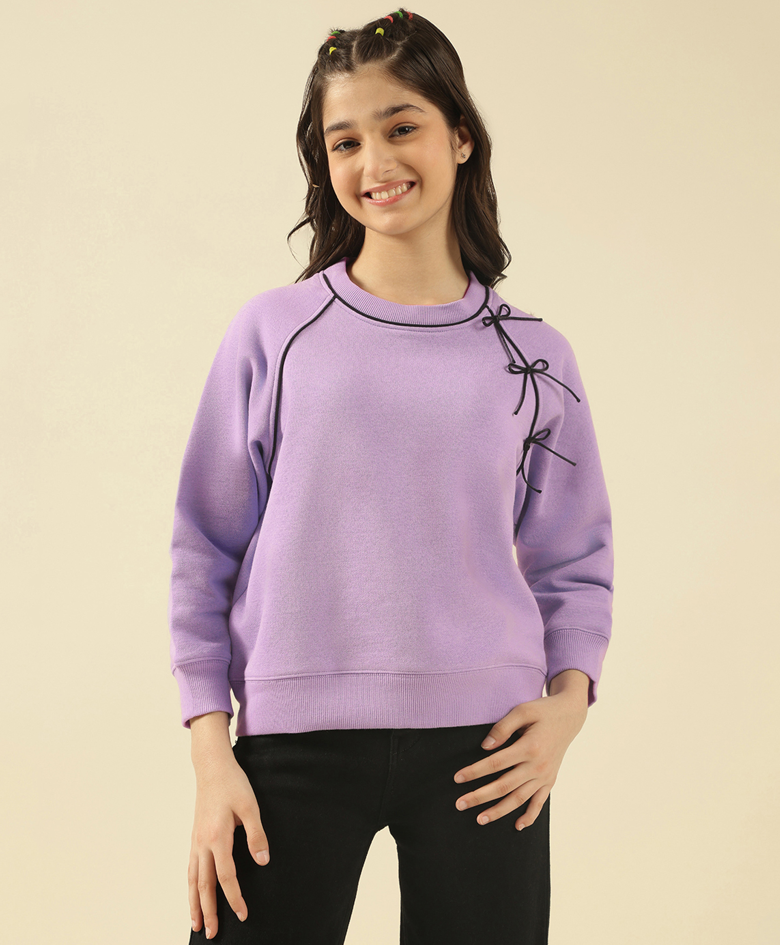 Lil Tomatoes Fleece Knit Full Sleeves Bow Applique Detailed Light Winter Sweatshirt - Lilac-image-0